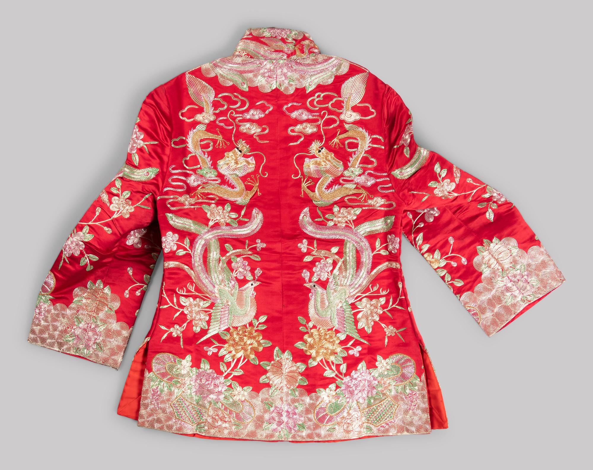 Two Sets of Chinese Embroidered Silk Wedding Gowns