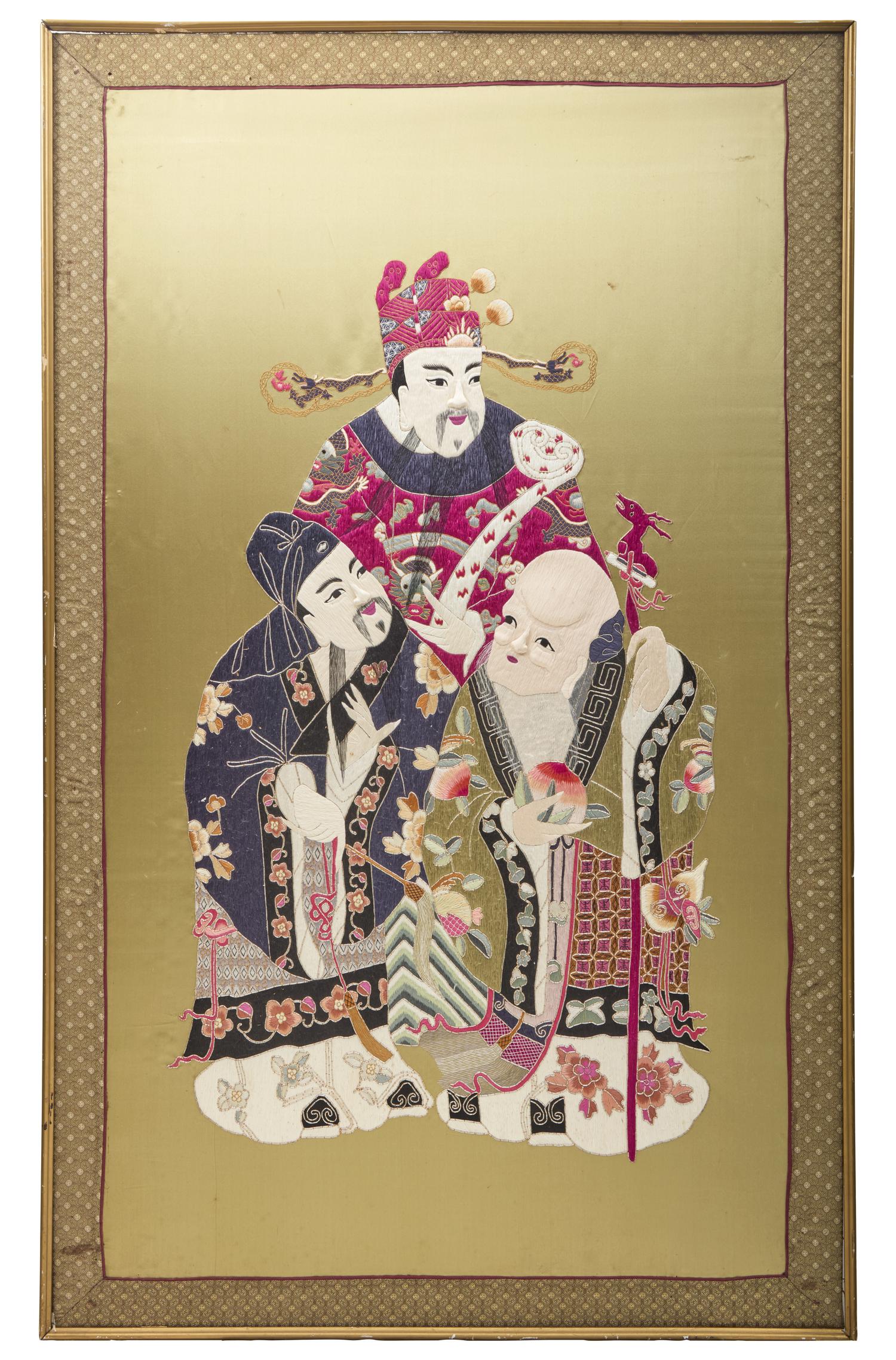 A Large Chinese Yellow Ground Embroidered Silk 'Fu Lu Shou' Panel, 20th Century 近代 織繡福祿壽三星像