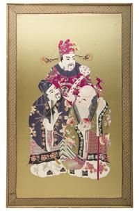 A Large Chinese Yellow Ground Embroidered Silk 'Fu Lu Shou' Panel, 20th Century 近代 織繡福祿壽三星像