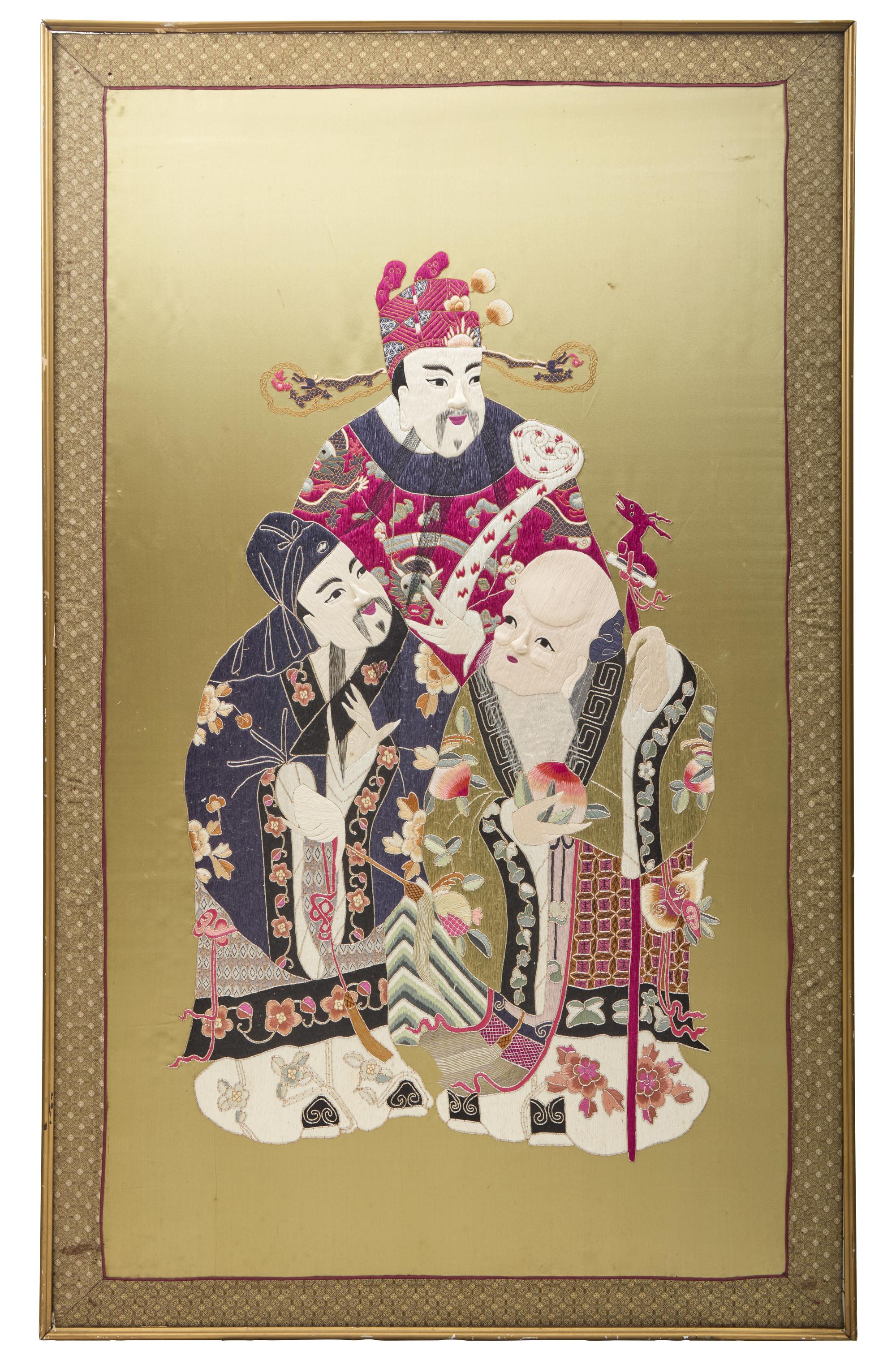 A Large Chinese Yellow Ground Embroidered Silk 'Fu Lu Shou' Panel, 20th Century 近代 織繡福祿壽三星像