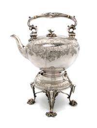 A English Silverplate Teapot on Stand, Birmingham, Height overall 16 1/4 inches.