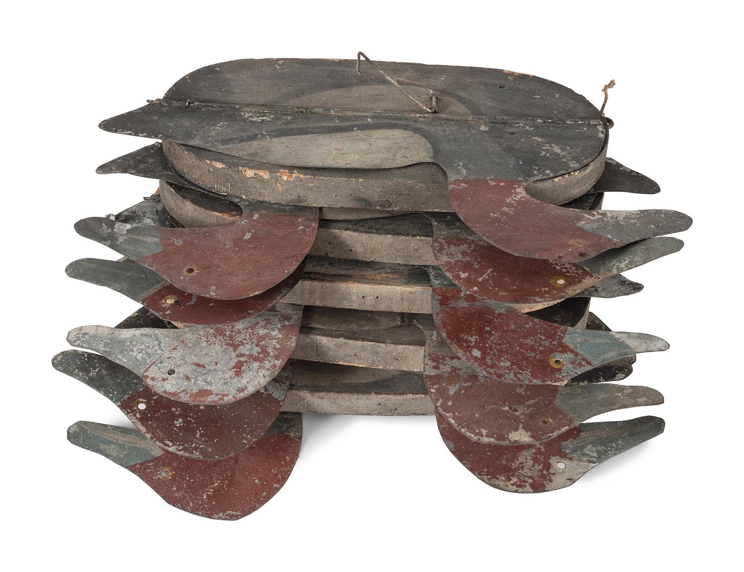 Five Painted Wood and Tin Folding Duck Decoys