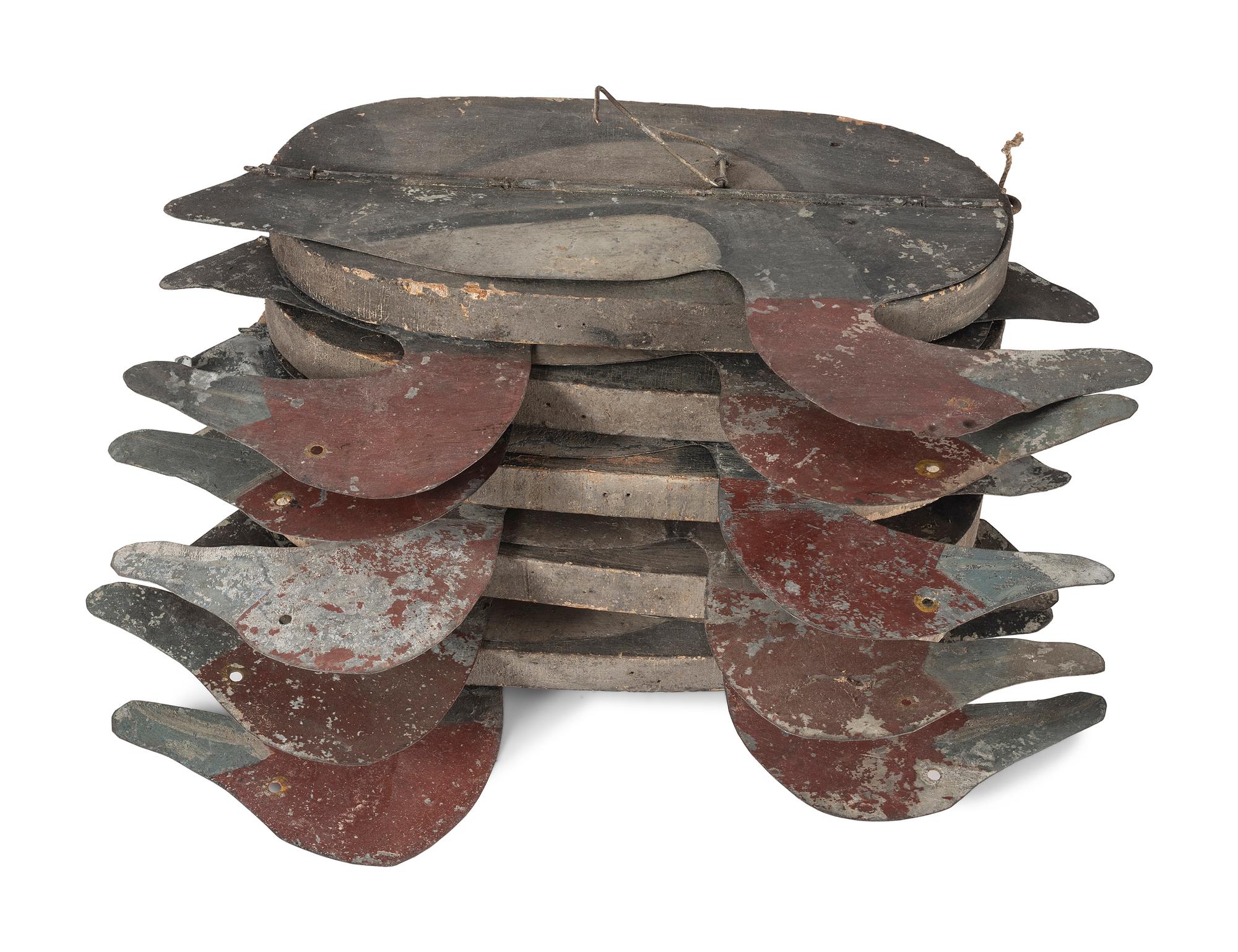 Five Painted Wood and Tin Folding Duck Decoys
