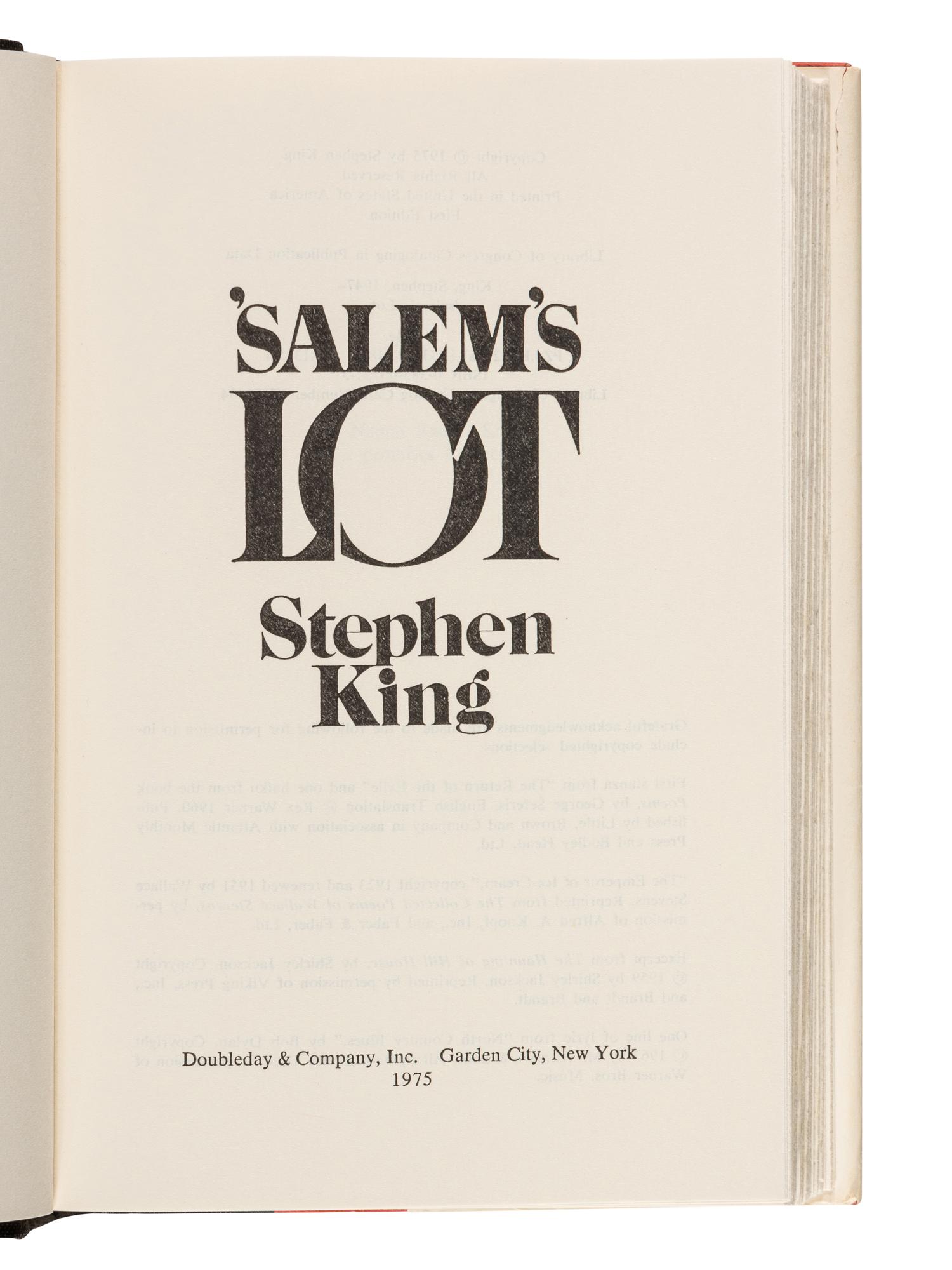 KING, Stephen (b. 1947). ' Salem’s Lot . Garden City, New York: Doubleday & Co., Inc., 1975.