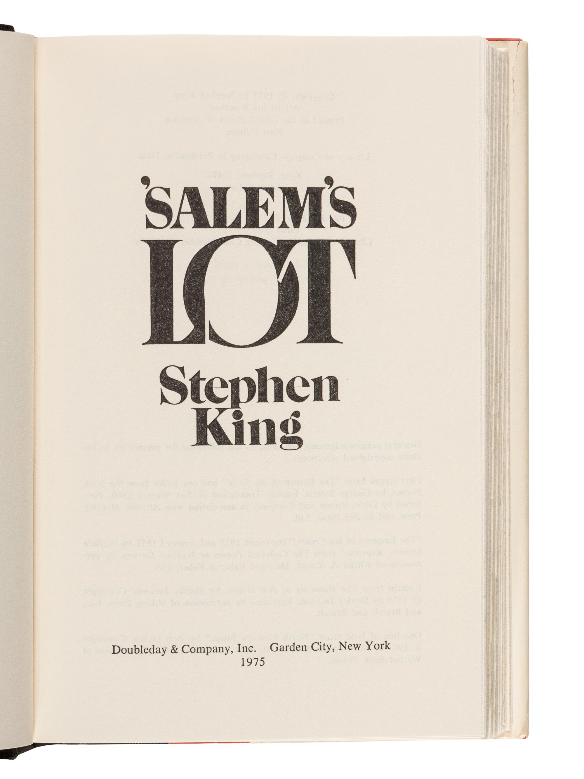 KING, Stephen (b. 1947). ' Salem’s Lot . Garden City, New York: Doubleday & Co., Inc., 1975.