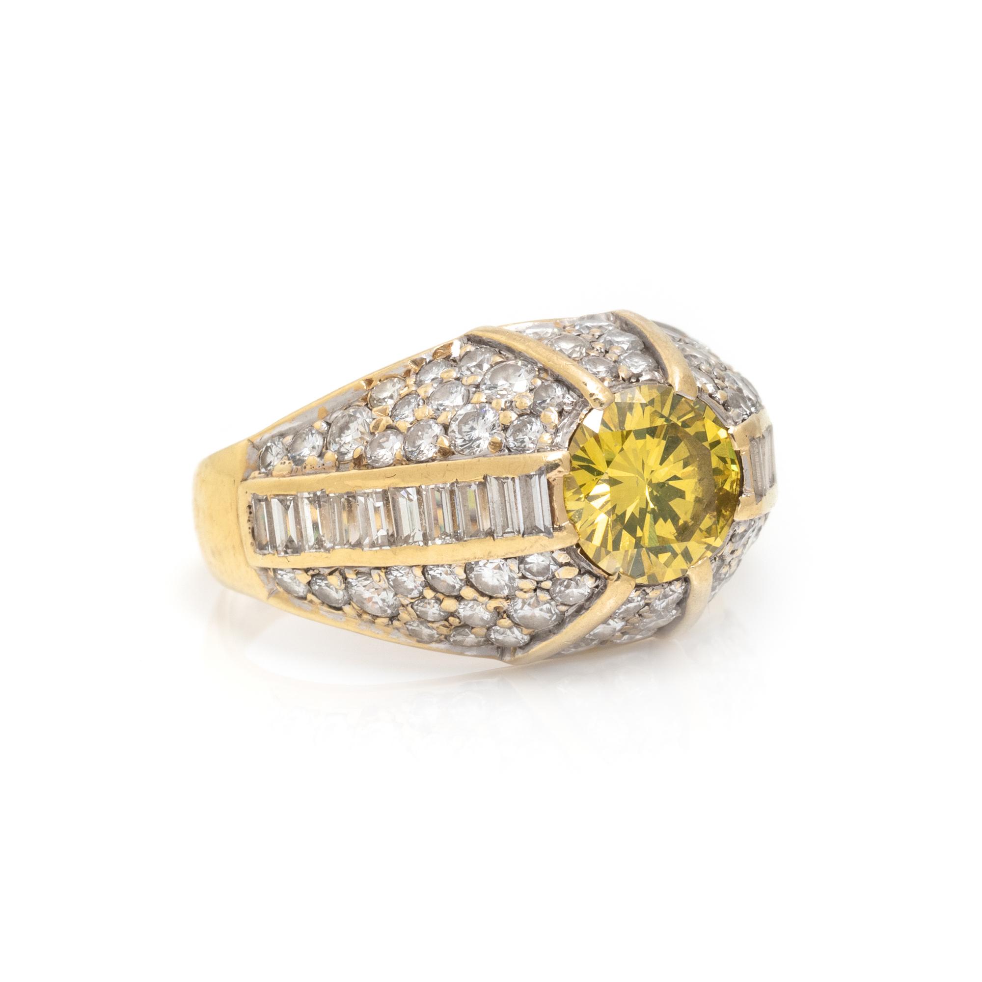 TREATED FANCY VIVID YELLOW DIAMOND AND DIAMOND RING