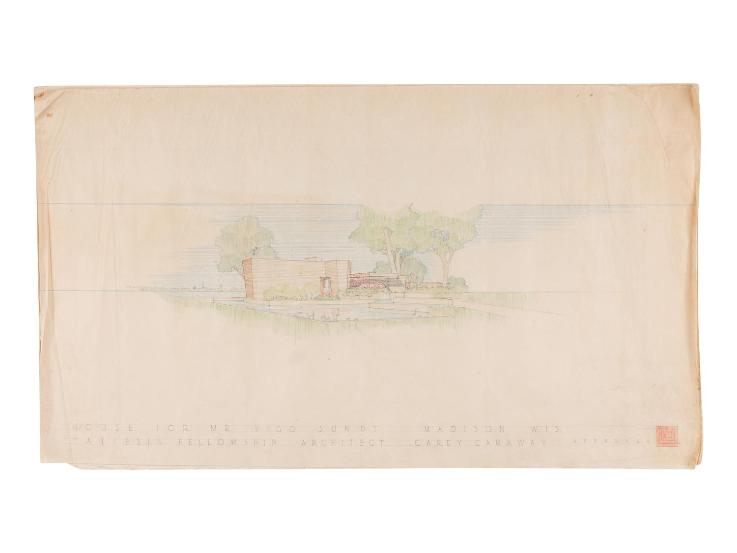 [FRANK LLOYD WRIGHT]. CARAWAY, Jesse "Carey." A group of architectural drawings, renderings, and blueprints relating to the Vigo Sunt House, San Marco in the Desert, and Usonian House. Comprising: