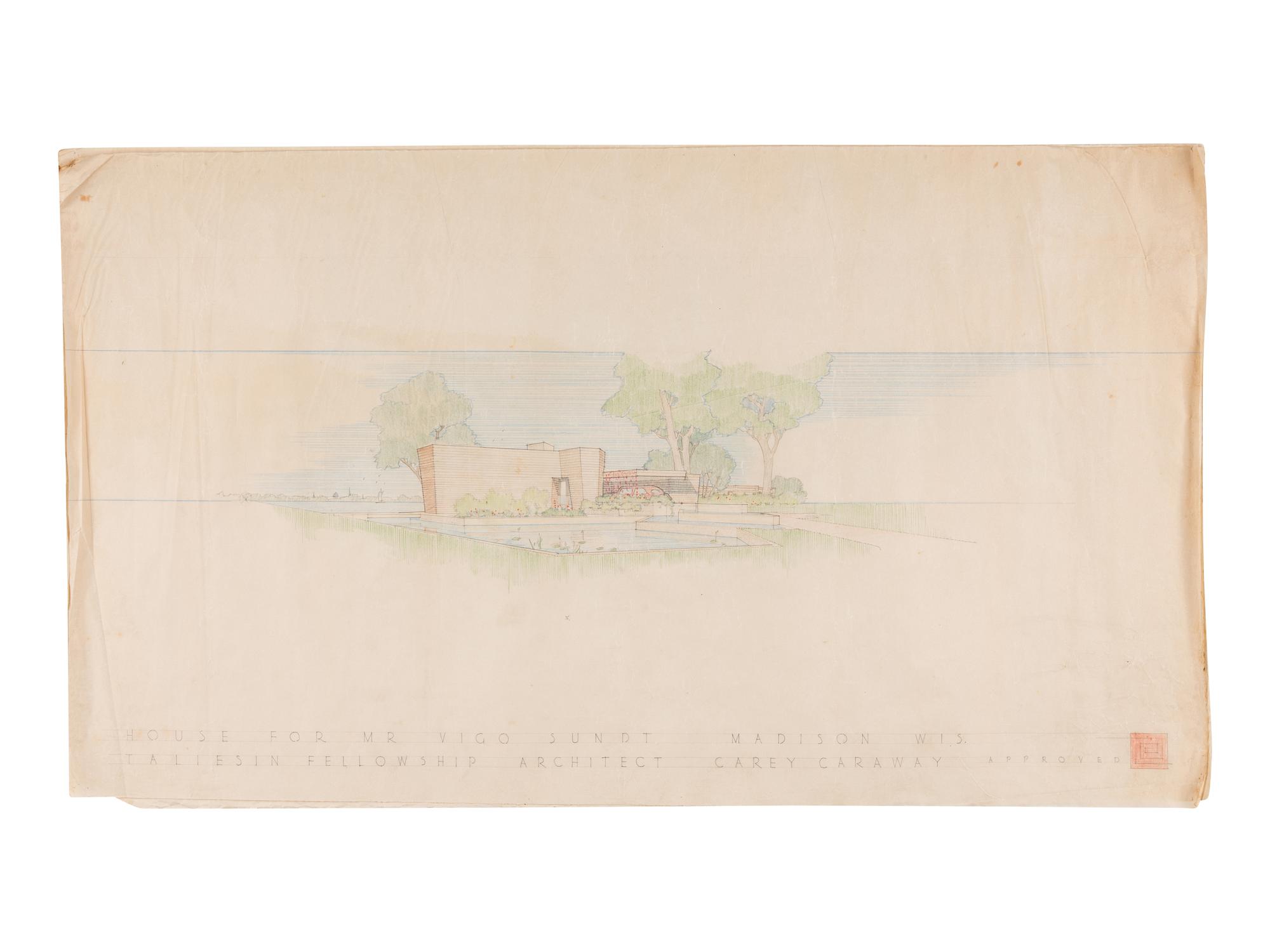 [FRANK LLOYD WRIGHT]. CARAWAY, Jesse "Carey." A group of architectural drawings, renderings, and blueprints relating to the Vigo Sunt House, San Marco in the Desert, and Usonian House. Comprising: