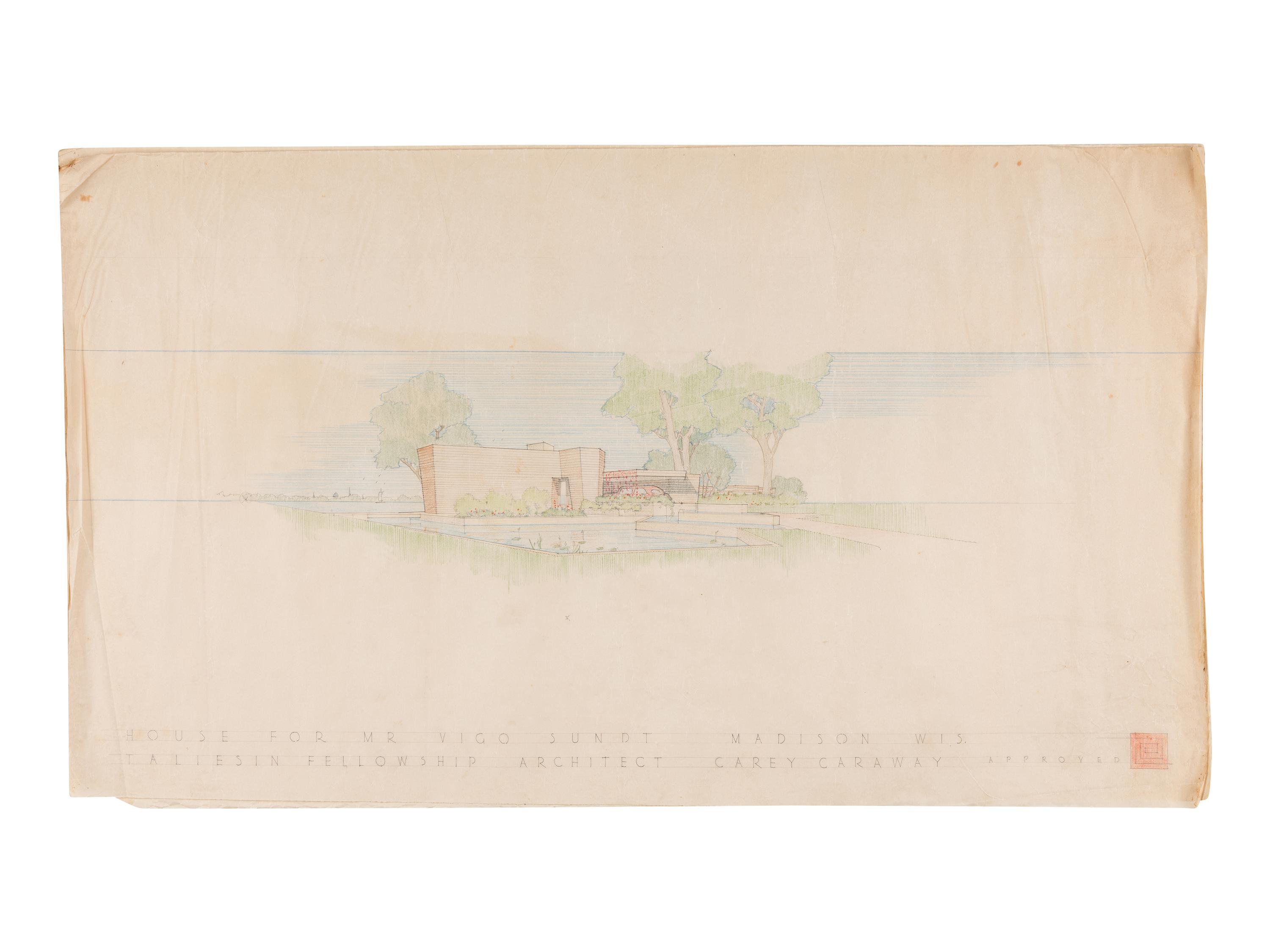 [FRANK LLOYD WRIGHT]. CARAWAY, Jesse "Carey." A group of architectural drawings, renderings, and blueprints relating to the Vigo Sunt House, San Marco in the Desert, and Usonian House. Comprising: