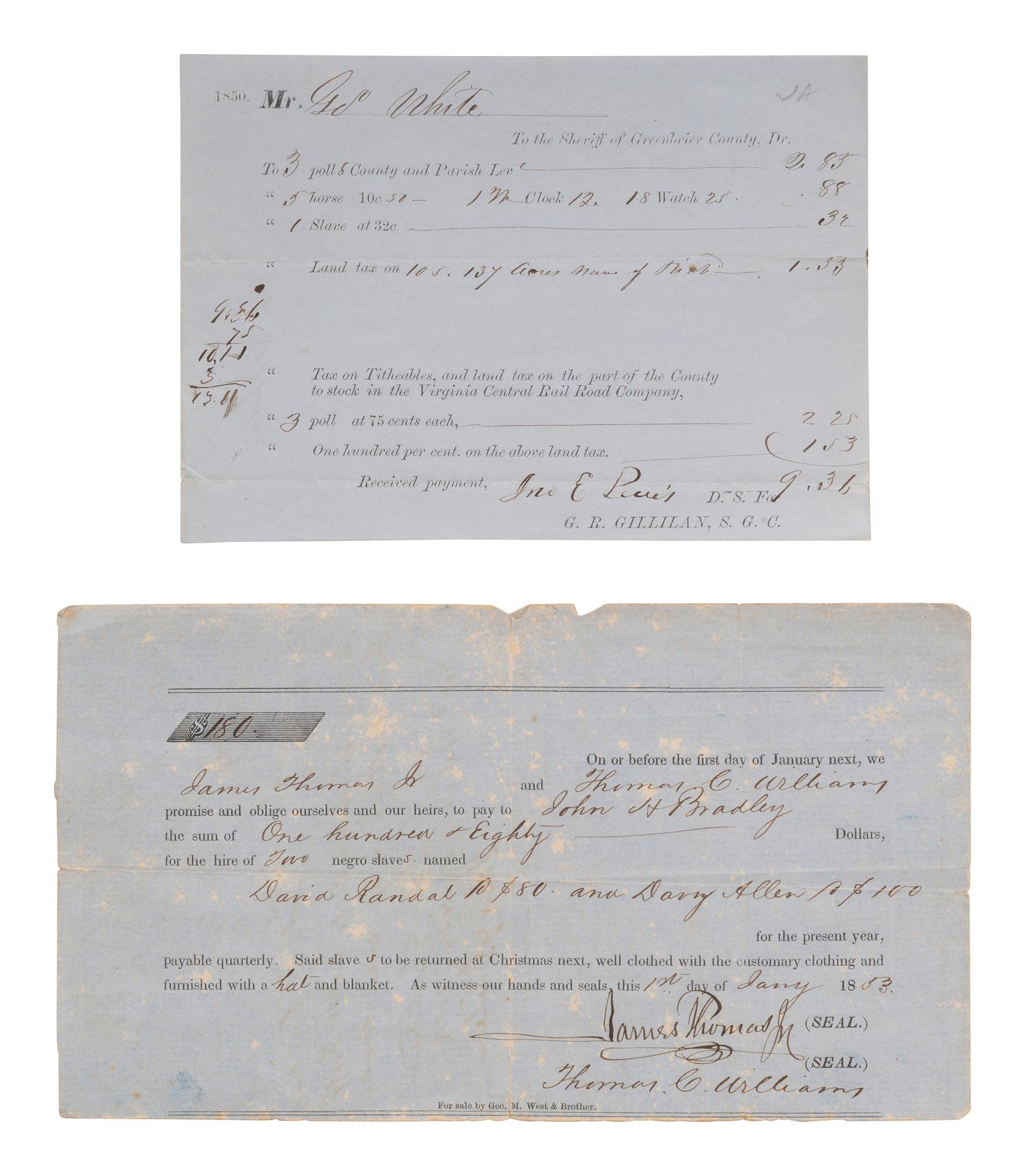 [ENSLAVEMENT]. Slave for hire promissory note and tax document.
