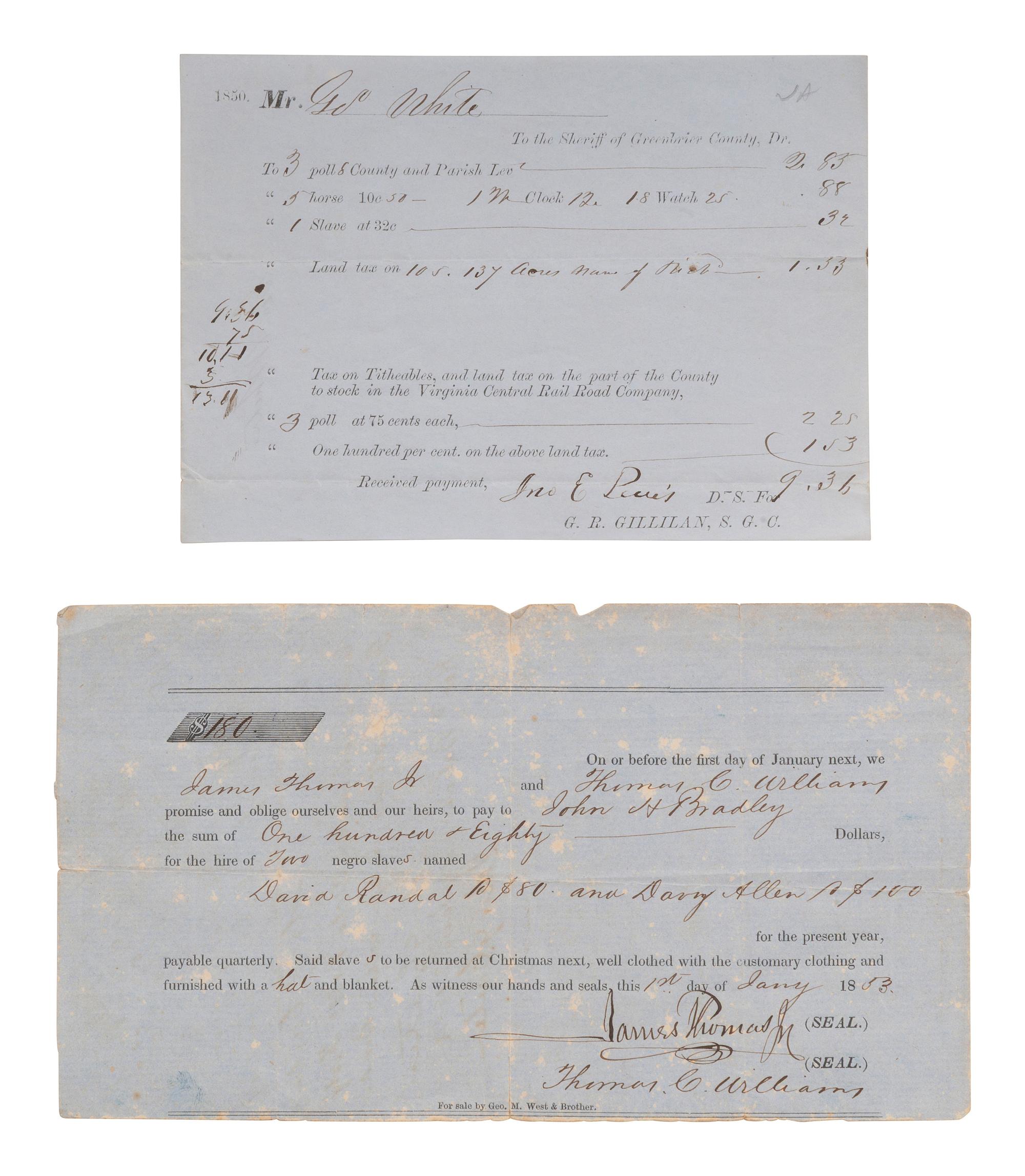 [ENSLAVEMENT]. Slave for hire promissory note and tax document.