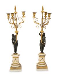 A Pair of French Patinated and Gilt Bronze Figural Three-Light Candelabra