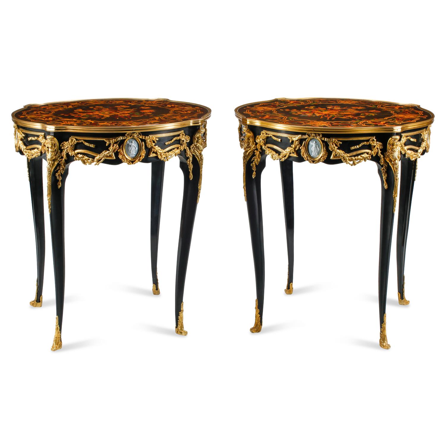 A Pair of Louis XV Style Gilt Bronze Mounted Marquetry Side Tables