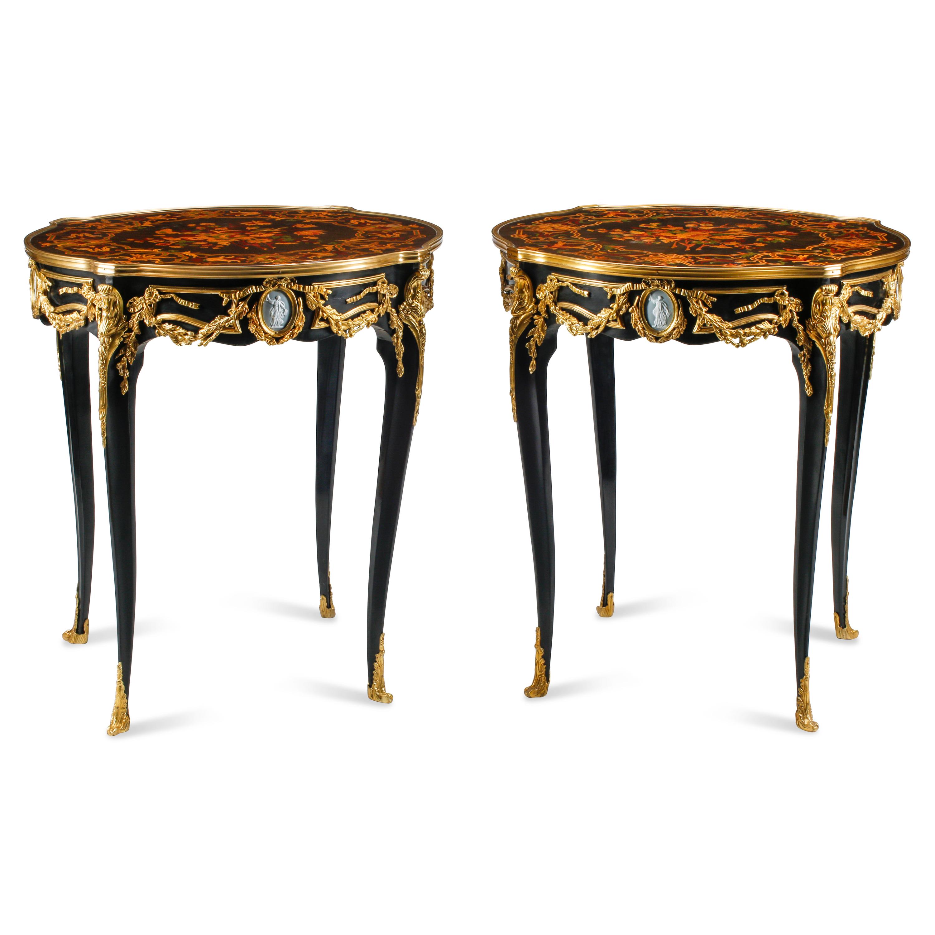 A Pair of Louis XV Style Gilt Bronze Mounted Marquetry Side Tables