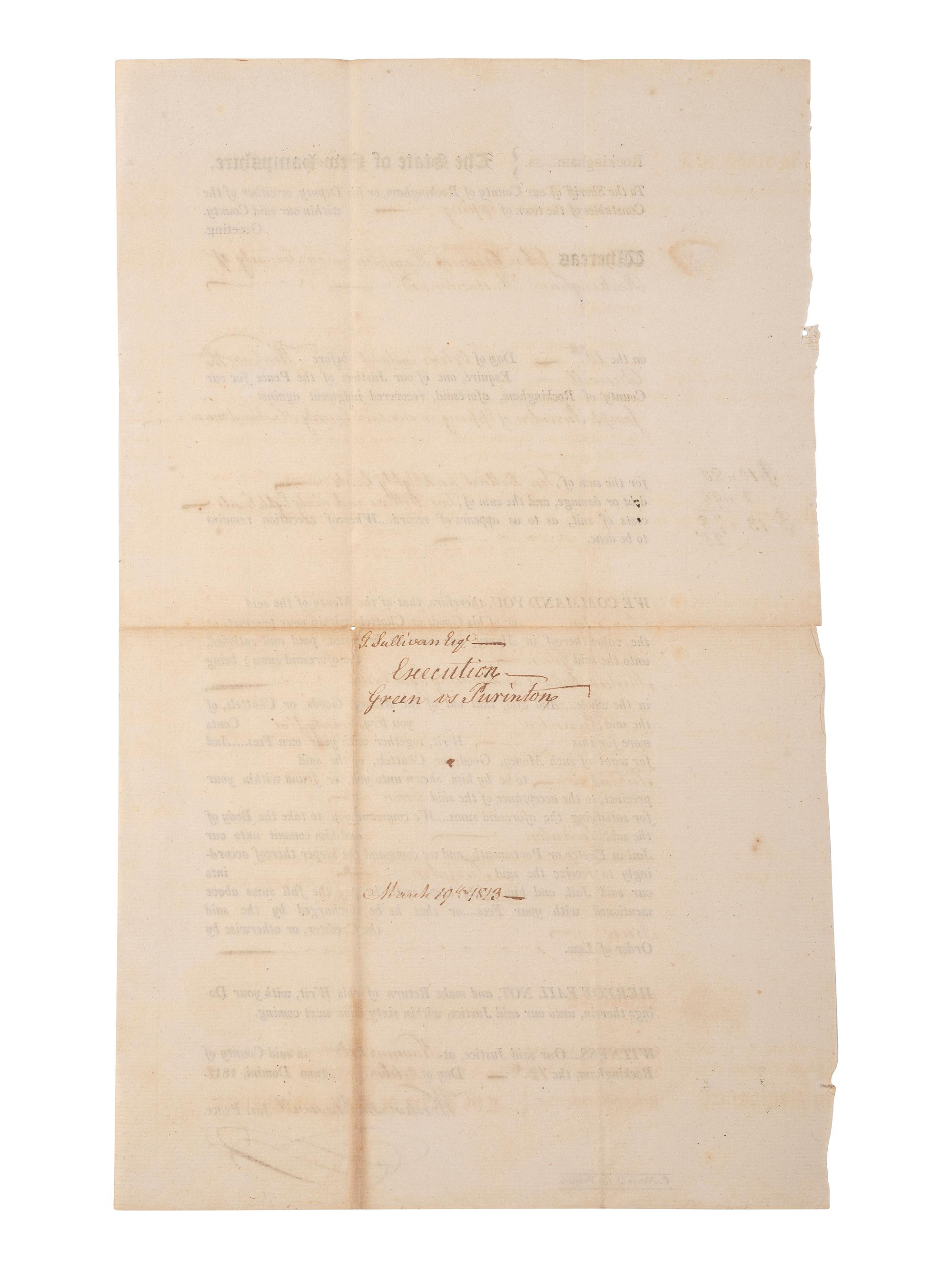 [REVOLUTIONARY WAR]. CHESWILL, Wentworth (1746-1817). Document signed ("Wentworth Cheswill") as Justice of the Peace. Newmarket, NH, 12 October 1812.
