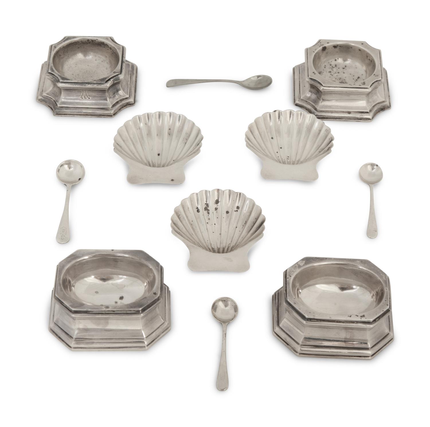 A Group of English and Mexican Silver Open Salts with Spoons