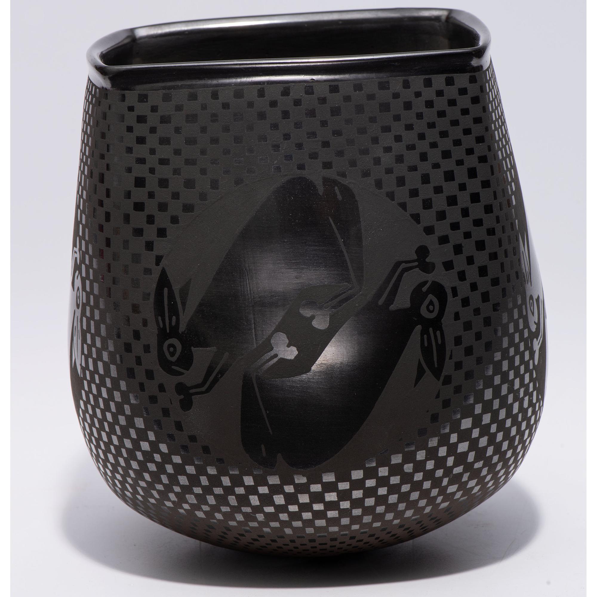 Blackware Pottery Vase, with Rabbits
