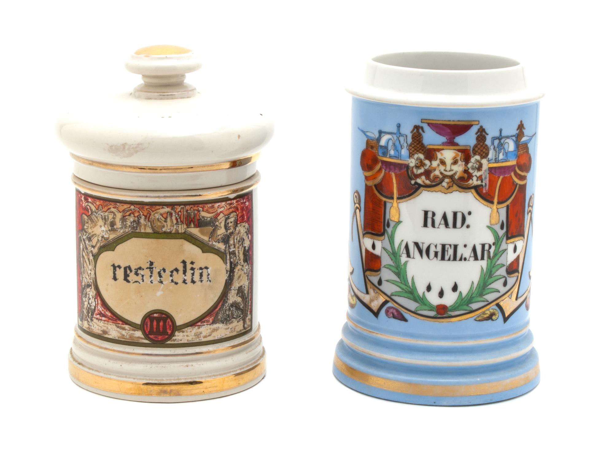 Two Continental Porcelain Apothecary Jars Height of taller 11 inches.