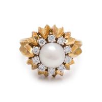 YELLOW GOLD, CULTURED PEARL AND DIAMOND RING