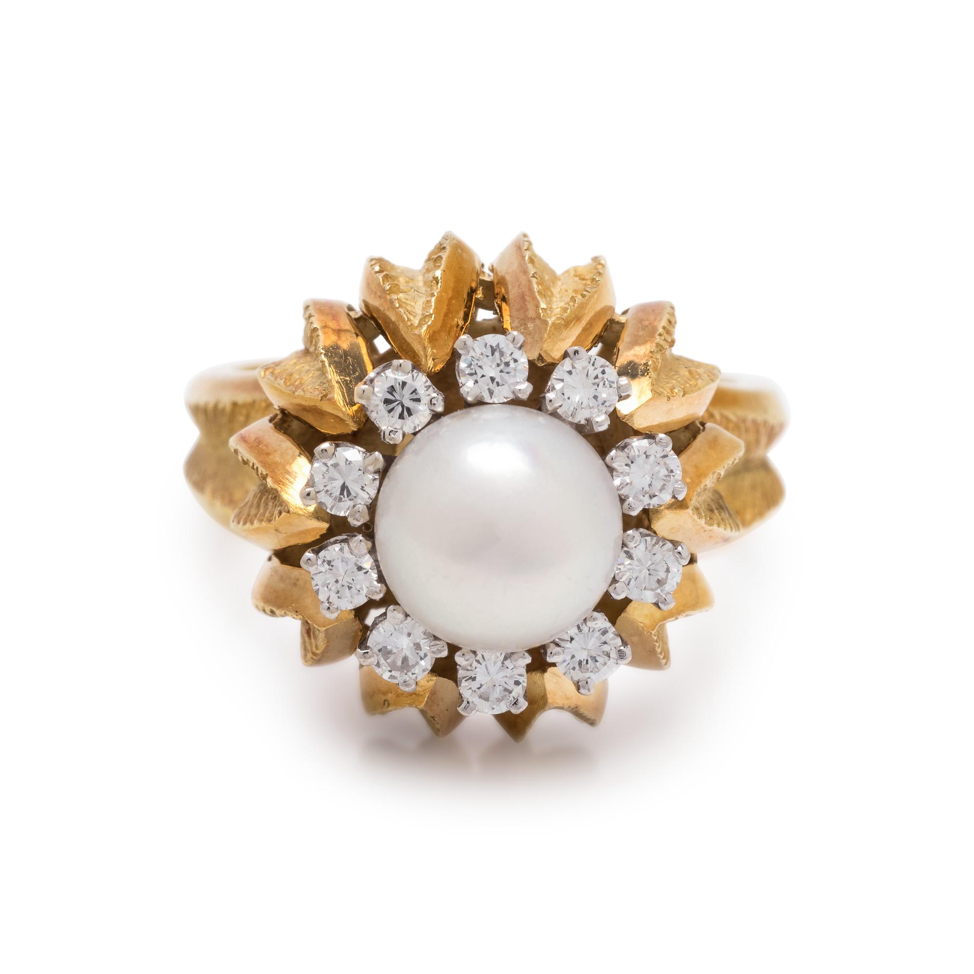 YELLOW GOLD, CULTURED PEARL AND DIAMOND RING