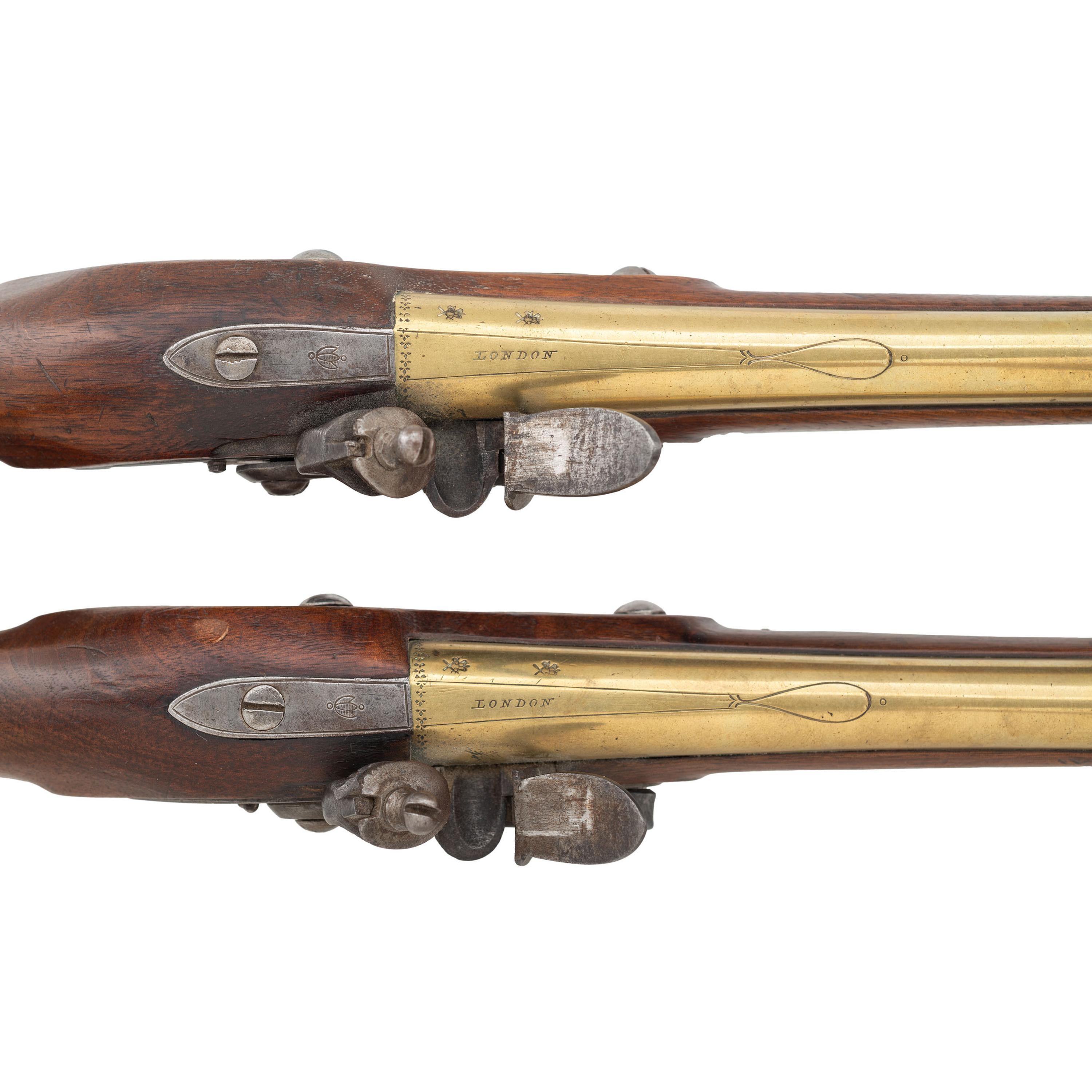 Pair of Brass Barrel Flintlock Canadian Militia Style Pistols by W. Ketland & Co.