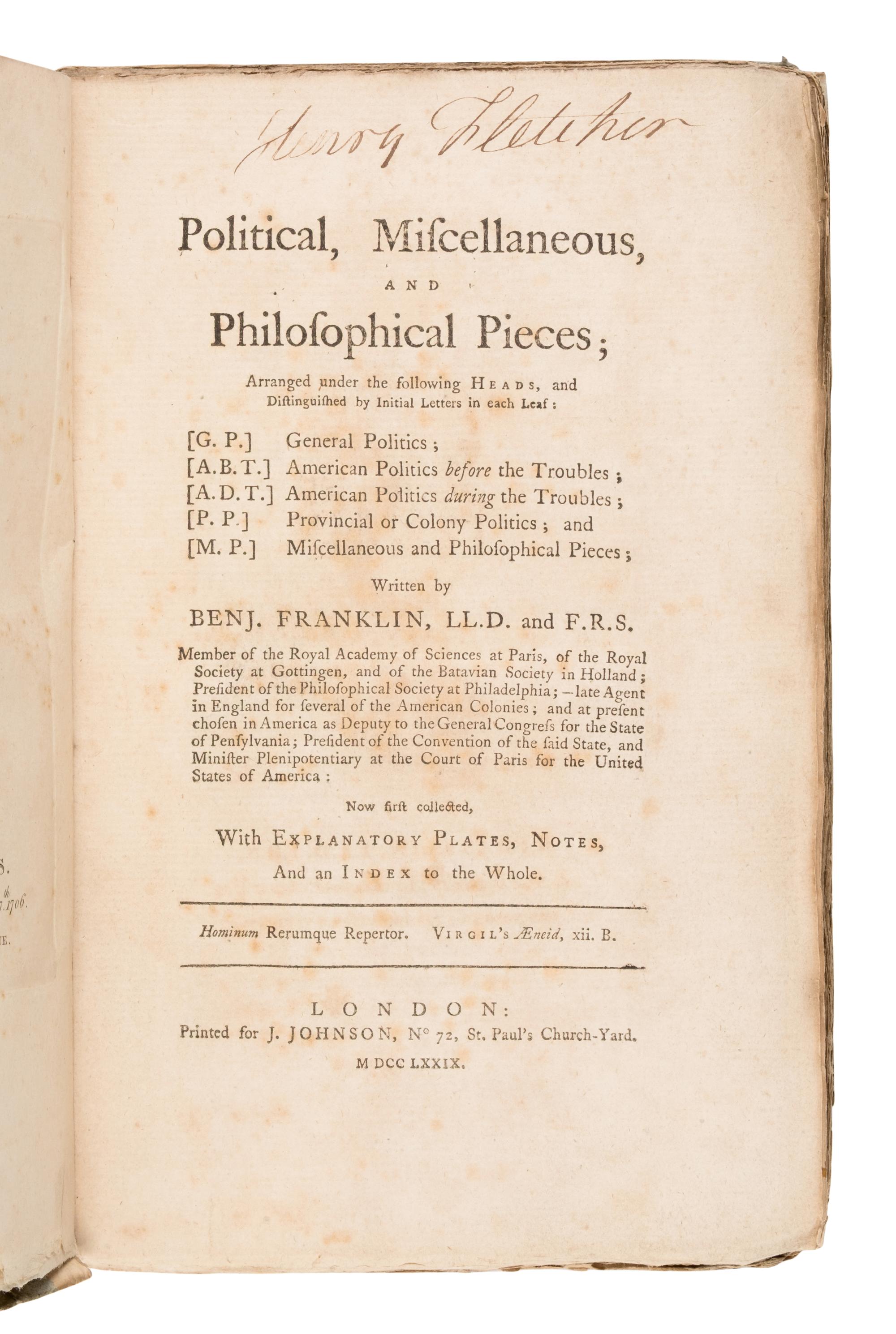 Franklin, Benjamin (1706-1790). Political, Miscellaneous, and Philosophical Pieces... London: J. Johnson 1779.