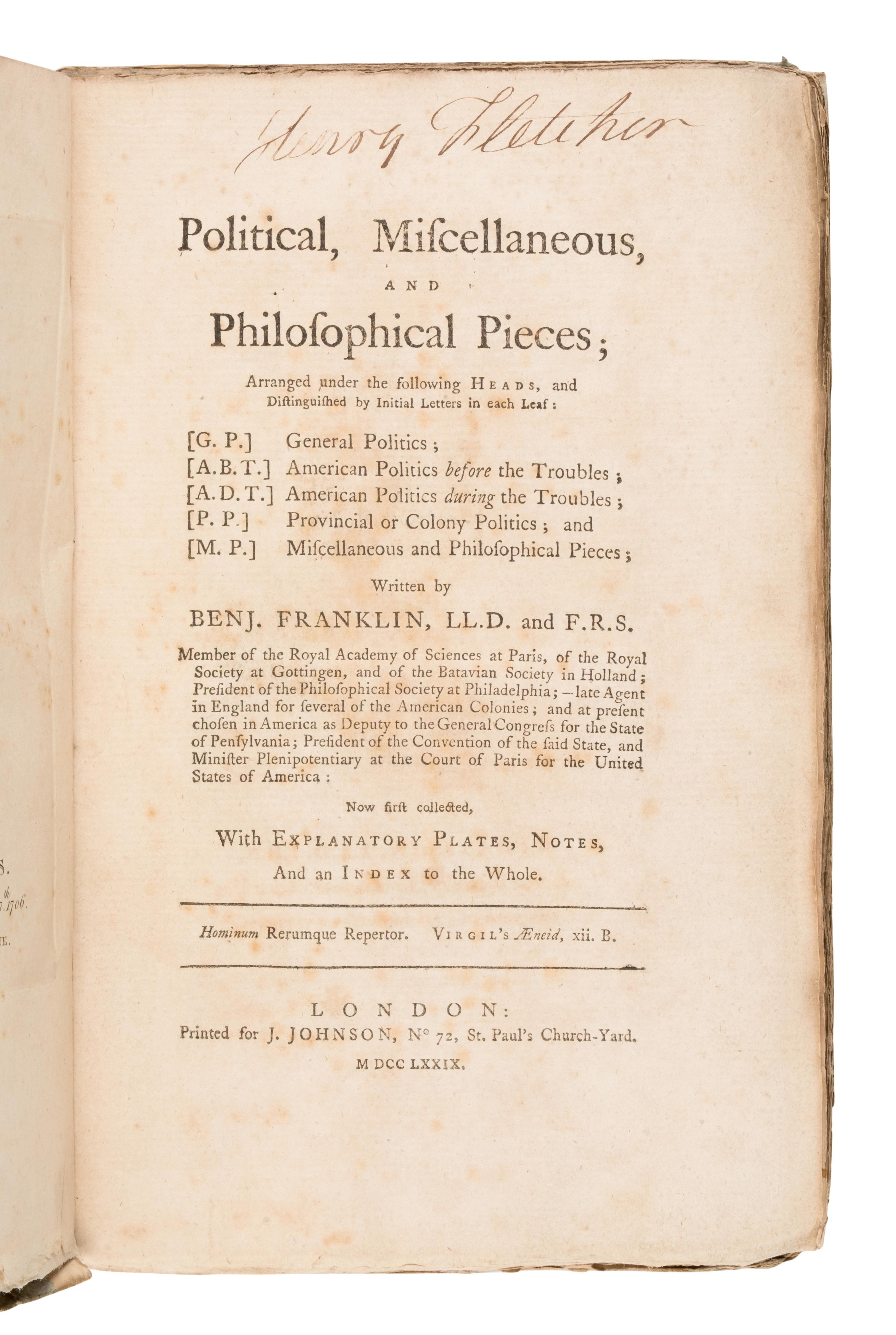 Franklin, Benjamin (1706-1790). Political, Miscellaneous, and Philosophical Pieces... London: J. Johnson 1779.