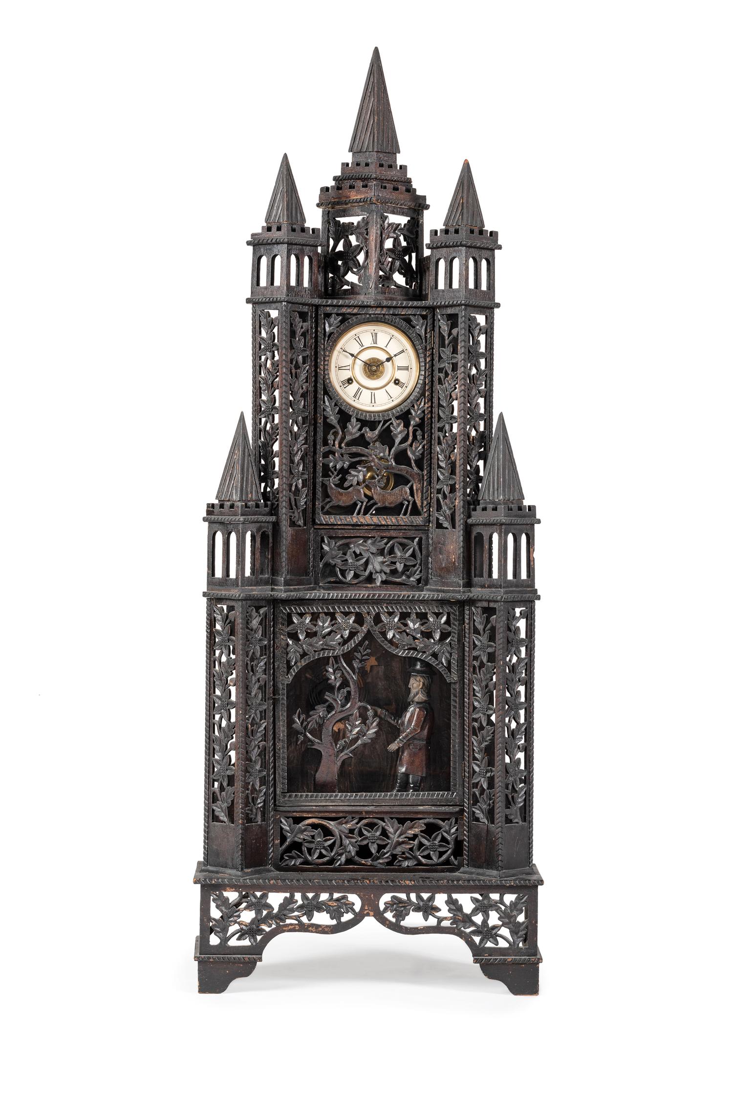 A Large Fretwork Folk Art Steeple Clock