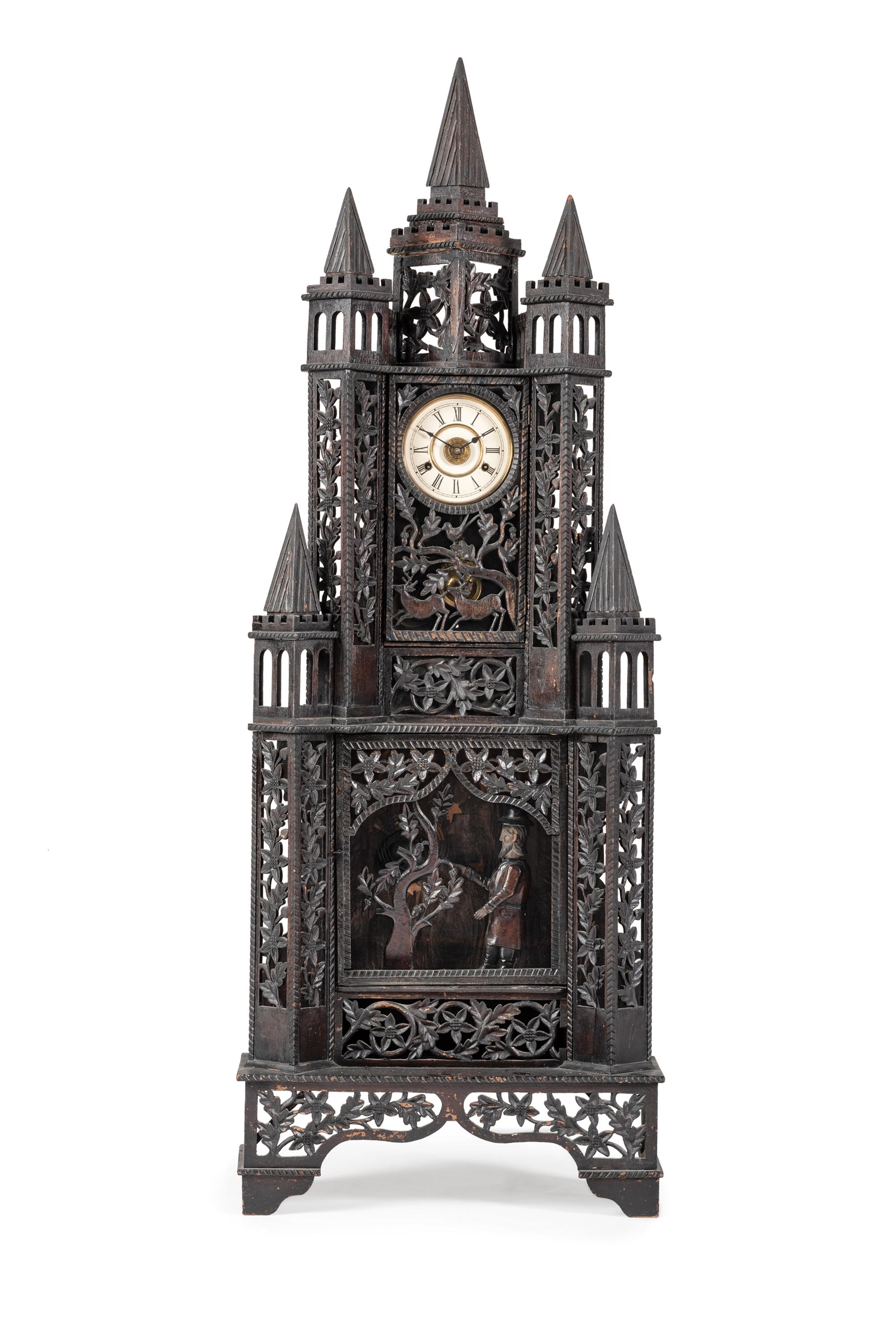 A Large Fretwork Folk Art Steeple Clock
