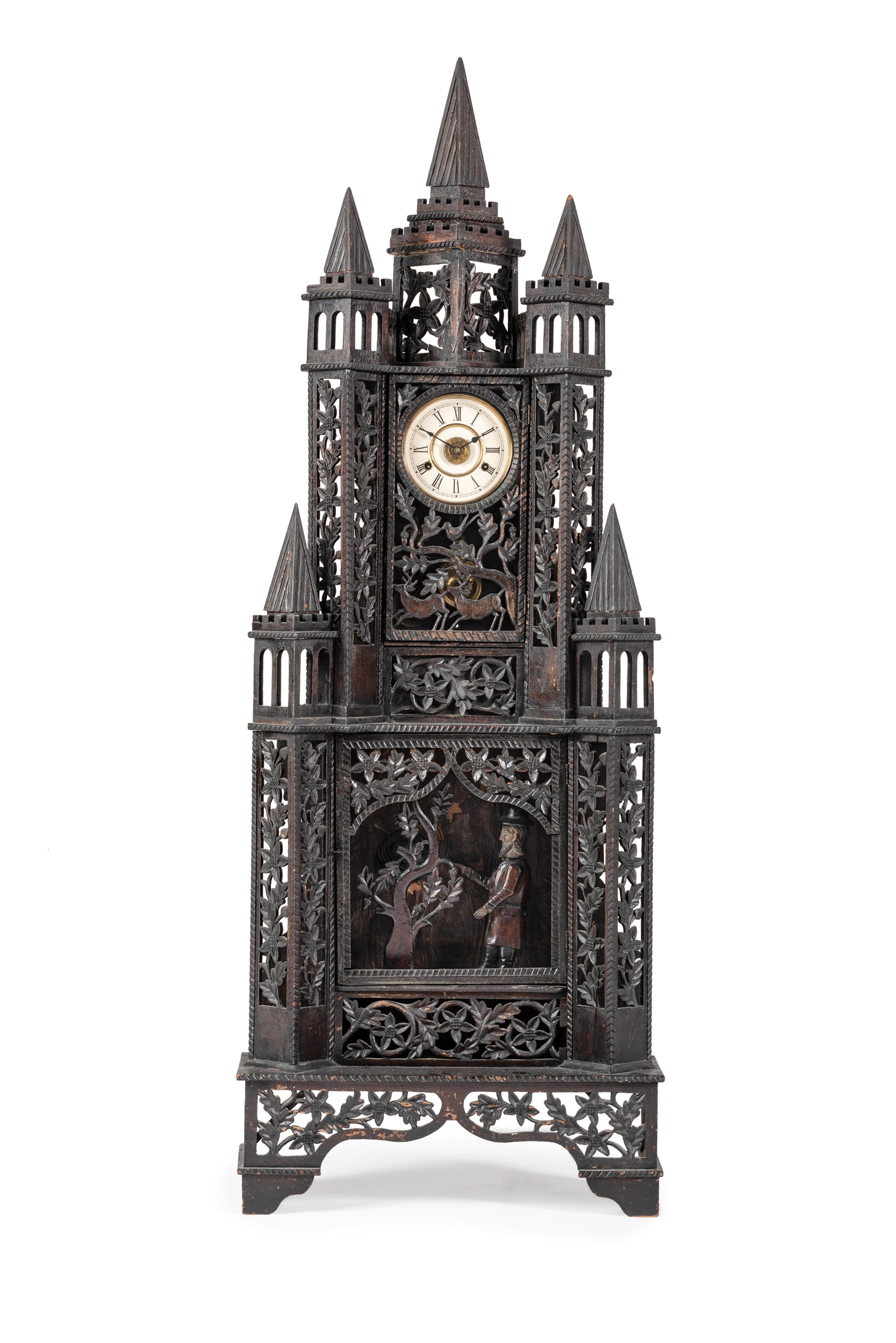 A Large Fretwork Folk Art Steeple Clock