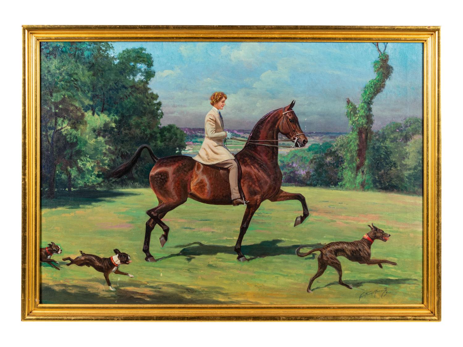Woman Riding Horseback with Dogs
