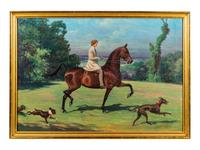 Woman Riding Horseback with Dogs