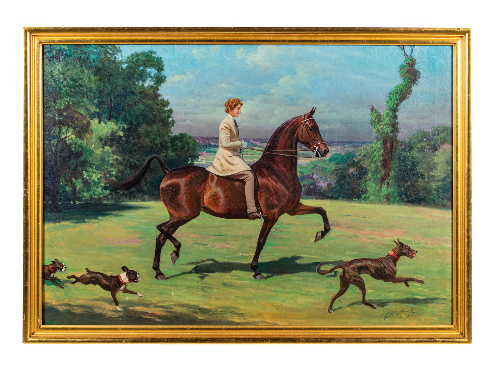 Woman Riding Horseback with Dogs