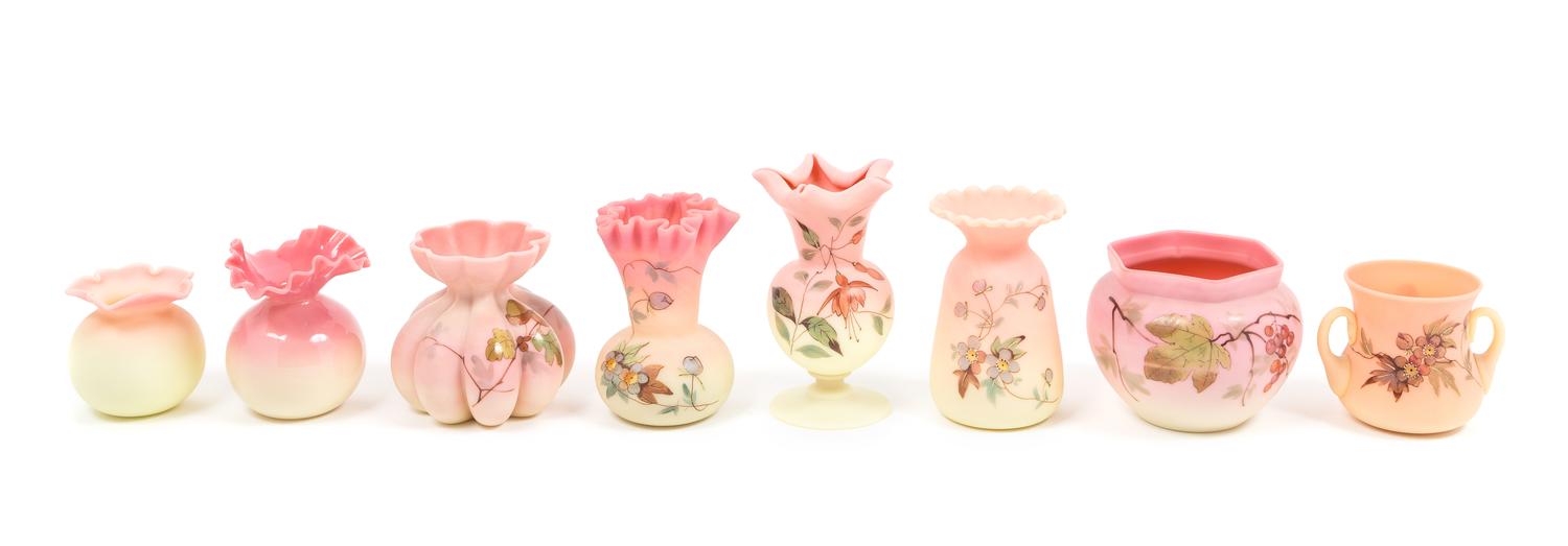 Eight Burmese Glass Cabinet Vases Height of tallest 4 3/4 inches — LATE 19TH CENTURY