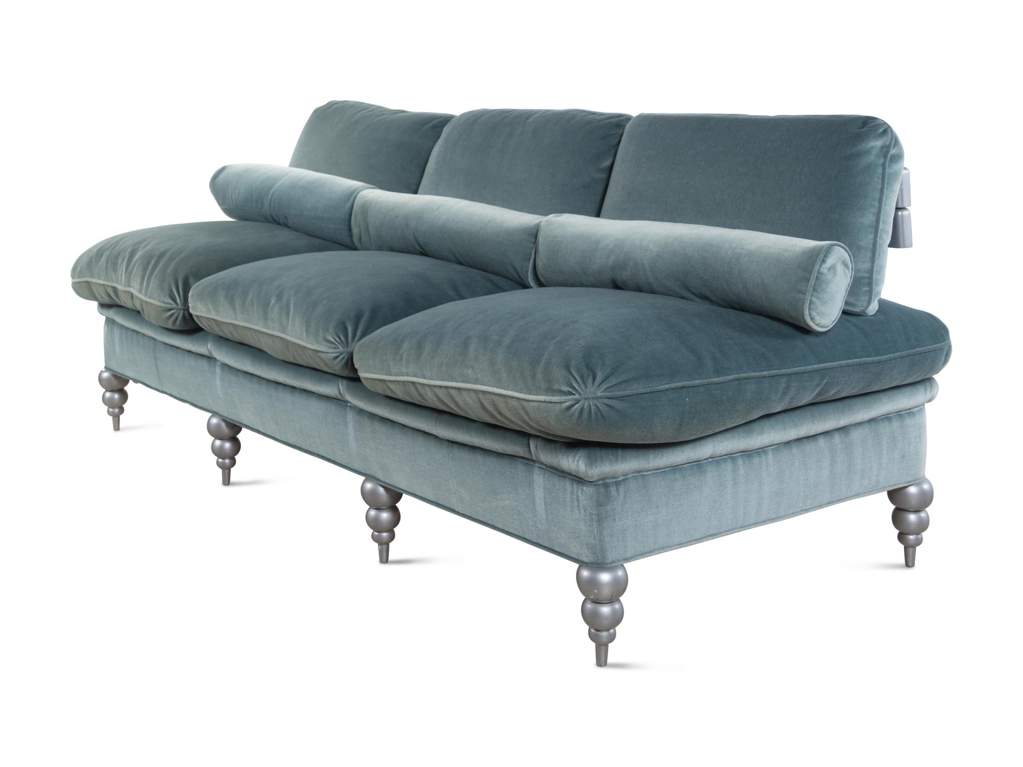 A Custom Velvet-Upholstered Three-Seat Banquette