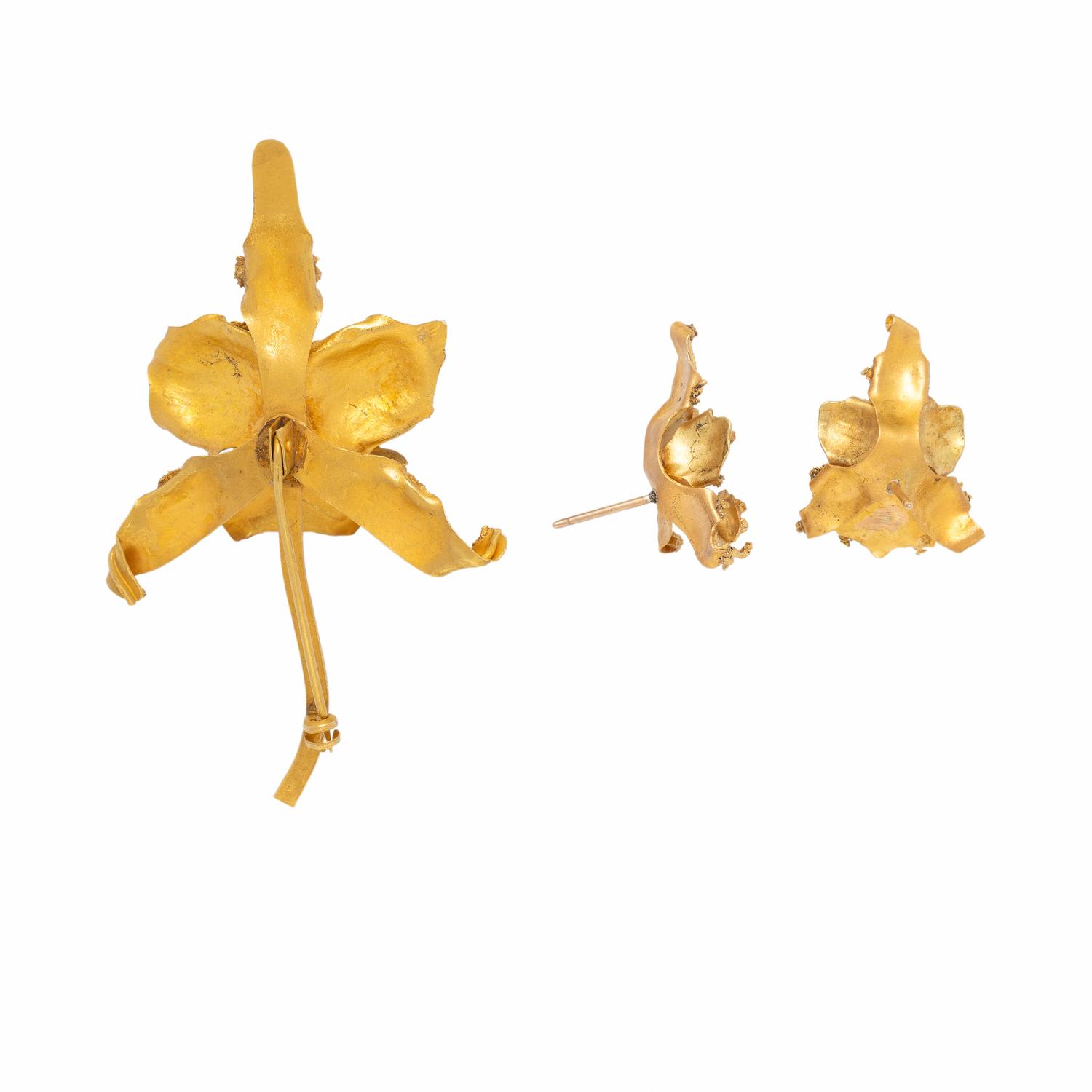 Bicolor Gold Orchid Earrings and Brooch