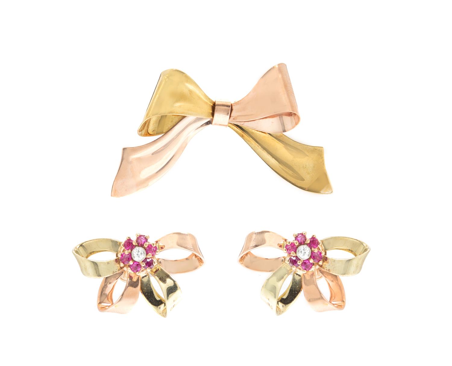 A Collection of Retro 14 Karat Two Tone Gold, Ruby and Diamond Jewelry, 11.90 dwts.