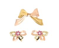 A Collection of Retro 14 Karat Two Tone Gold, Ruby and Diamond Jewelry, 11.90 dwts.