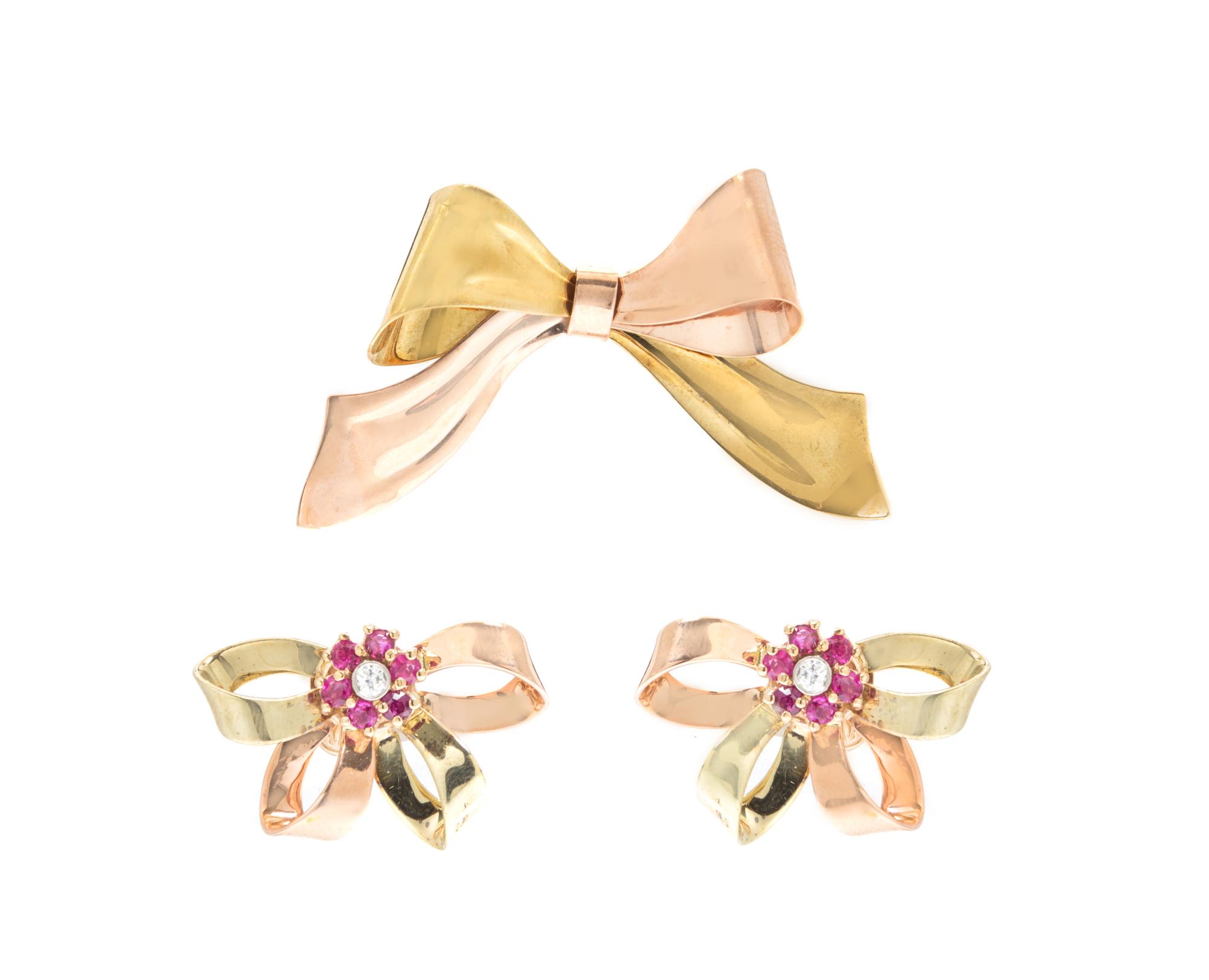 A Collection of Retro 14 Karat Two Tone Gold, Ruby and Diamond Jewelry, 11.90 dwts.