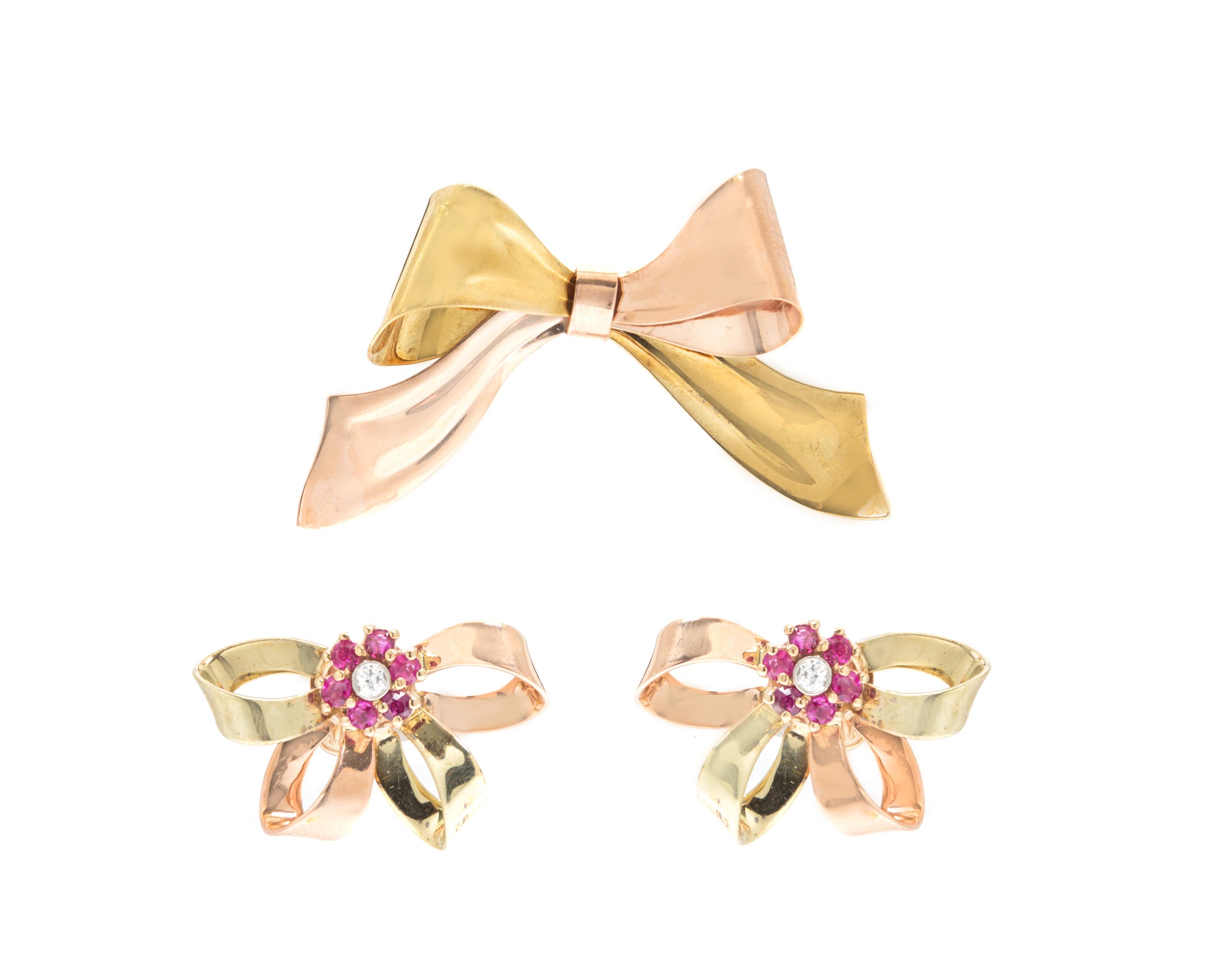 A Collection of Retro 14 Karat Two Tone Gold, Ruby and Diamond Jewelry, 11.90 dwts.