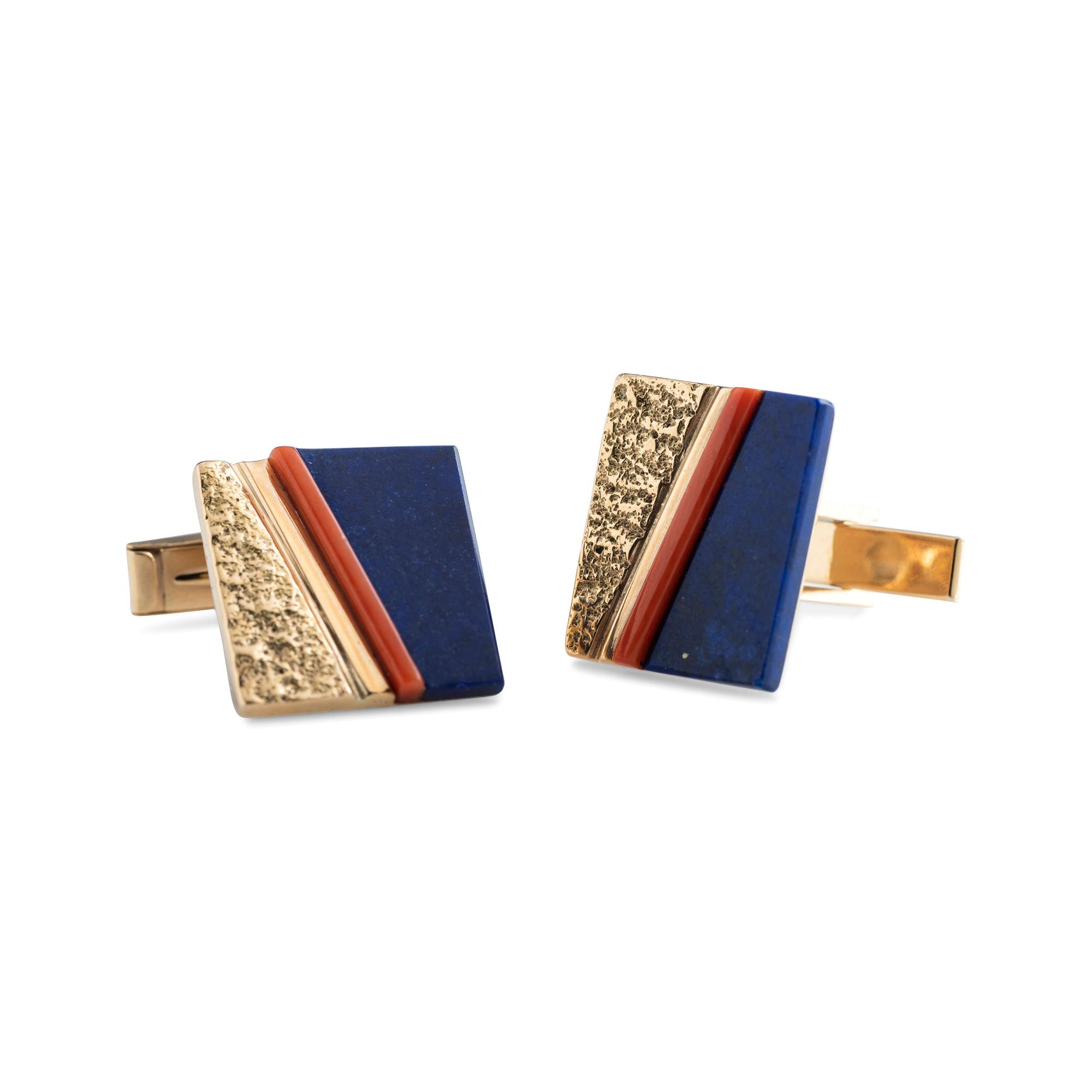 14k Gold Cuff Links, set with Lapis and Coral