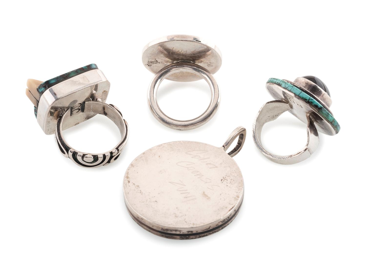 Zuni and Navajo Silver and Mosaic Inlay Rings and Pendant