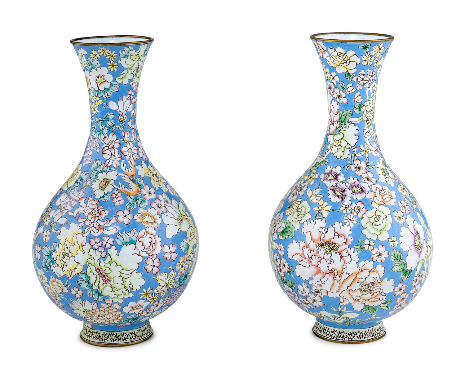 A Pair of Chinese Canton Enamel on Copper Vases