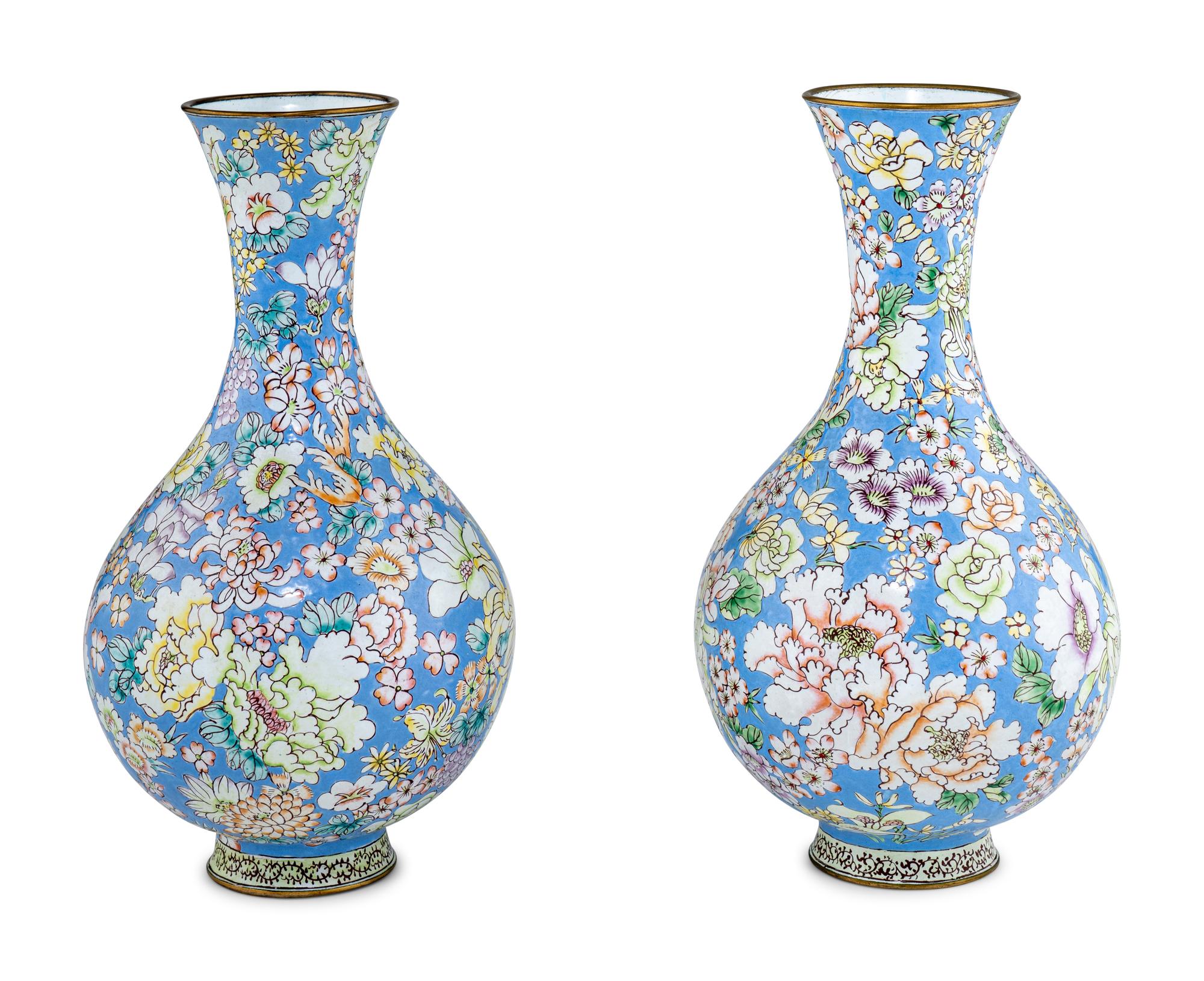 A Pair of Chinese Canton Enamel on Copper Vases