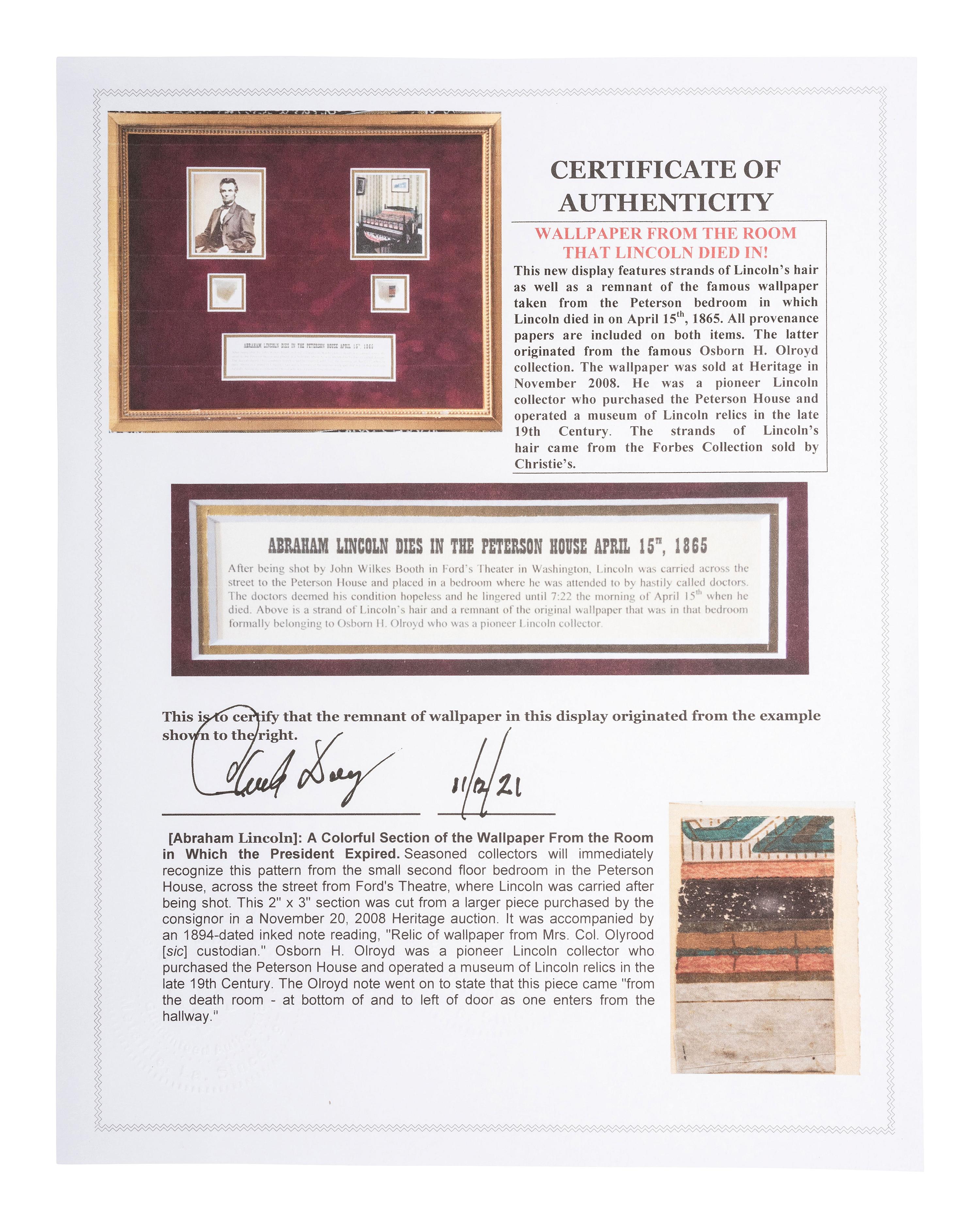 [LINCOLN, Abraham (1809-1865)]. Lincoln relics incl. strands of hair, wallpaper, and wood fragments.