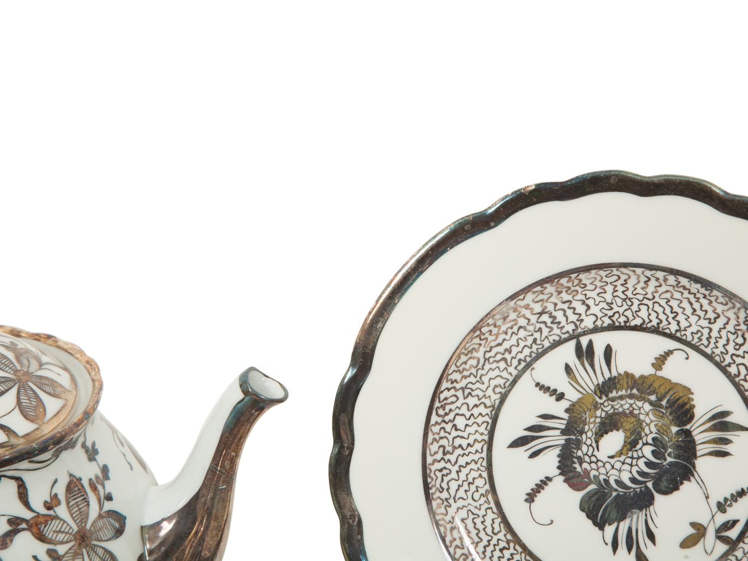 A Richard Ginori Silver-Overlay Porcelain Tea Service