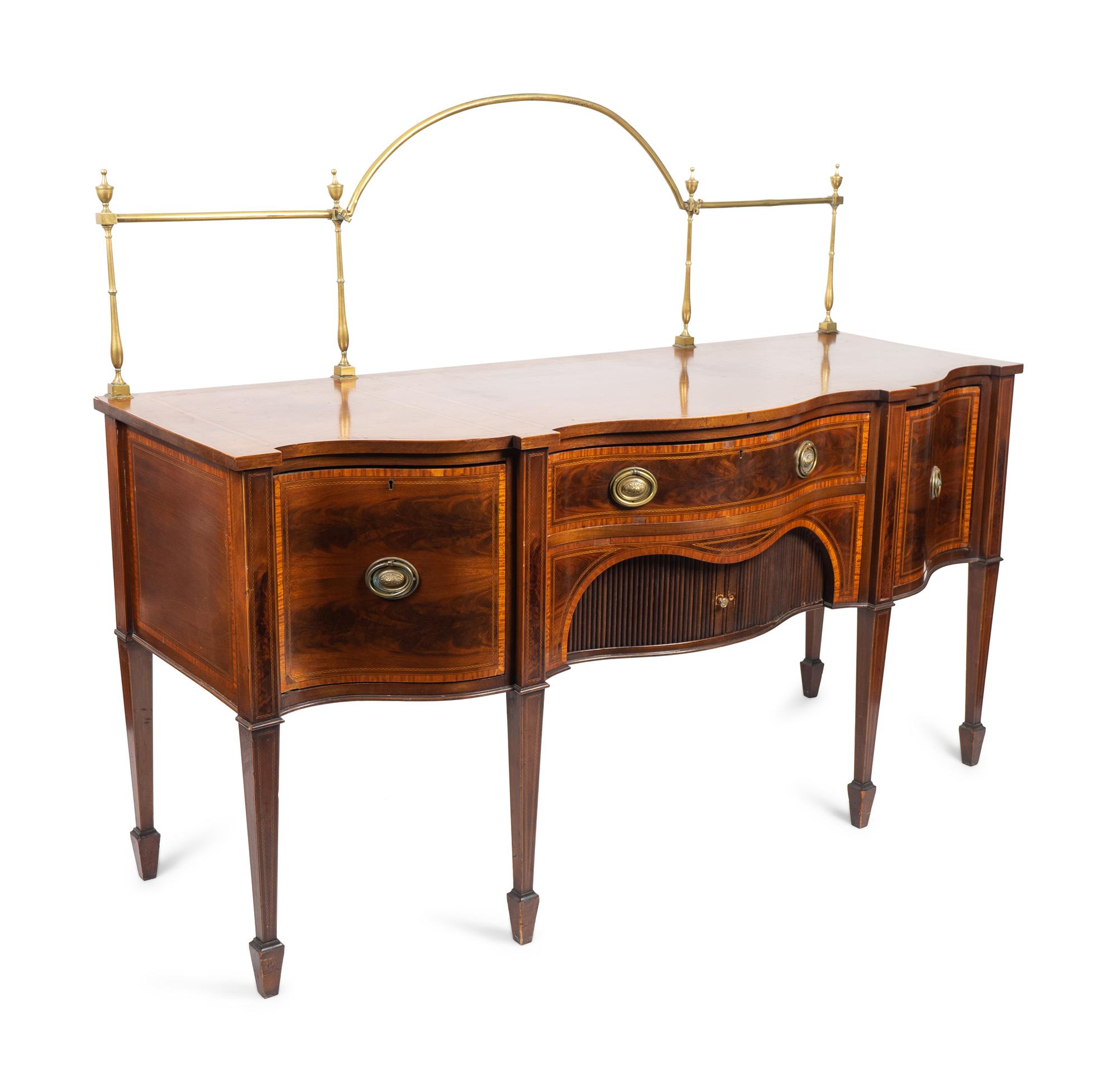 A Federal Inlaid Inlaid Mahogany Double Serpentine Sideboard with Brass Gallery — LATE 19TH CENTURY