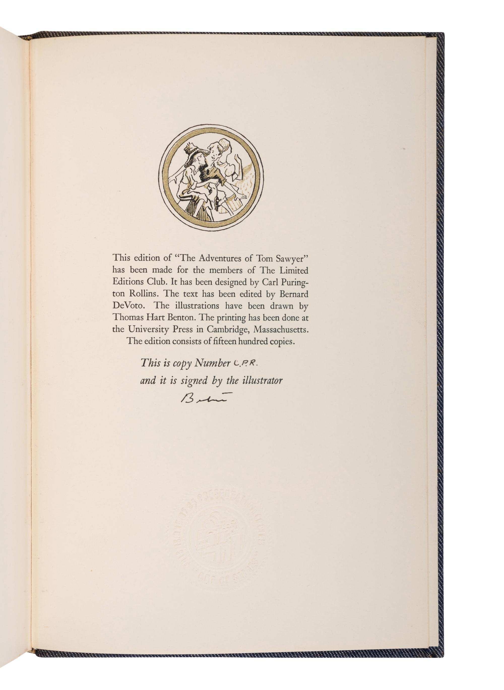 CLEMENS, Samuel L. ("Mark Twain") (1835-1910). Adventures of Huckleberry Finn . New York: The Limited Editions Club, 1942.