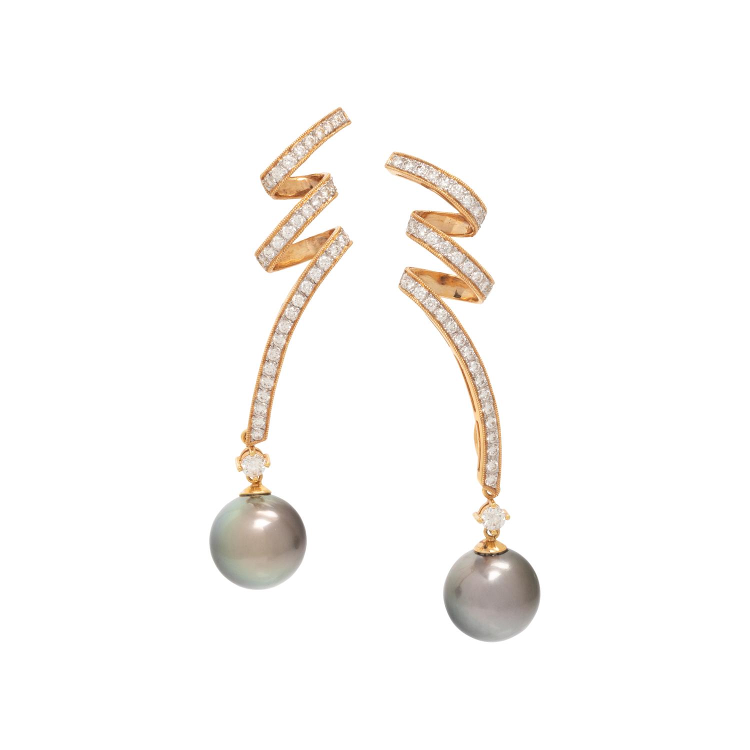 YELLOW GOLD, DIAMOND AND CULTURED PEARL CONVERTIBLE EARCLIPS