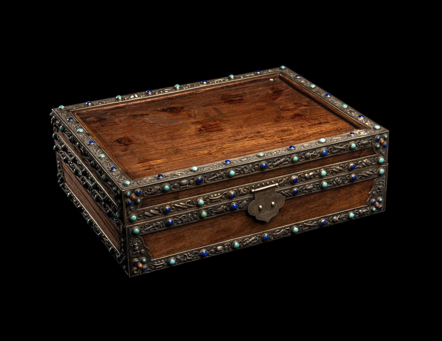 A Chinese Hardstone Inset Silver Mounted Huanghuali Hinged Box